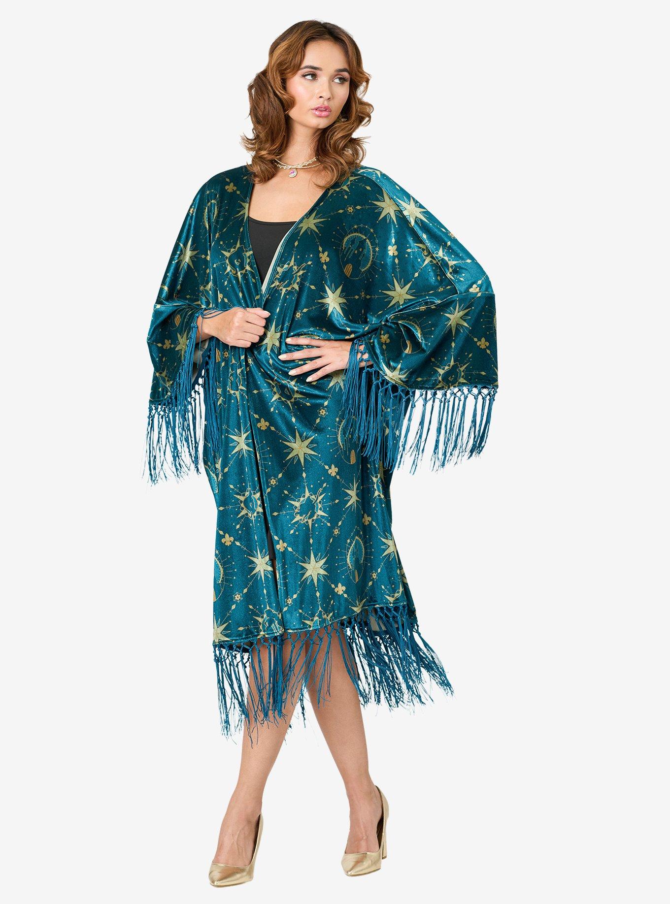 Disney Princess Collection by Unique Vintage Teal & Gold Royal Palace Velvet Fringe Kimono, , hi-res