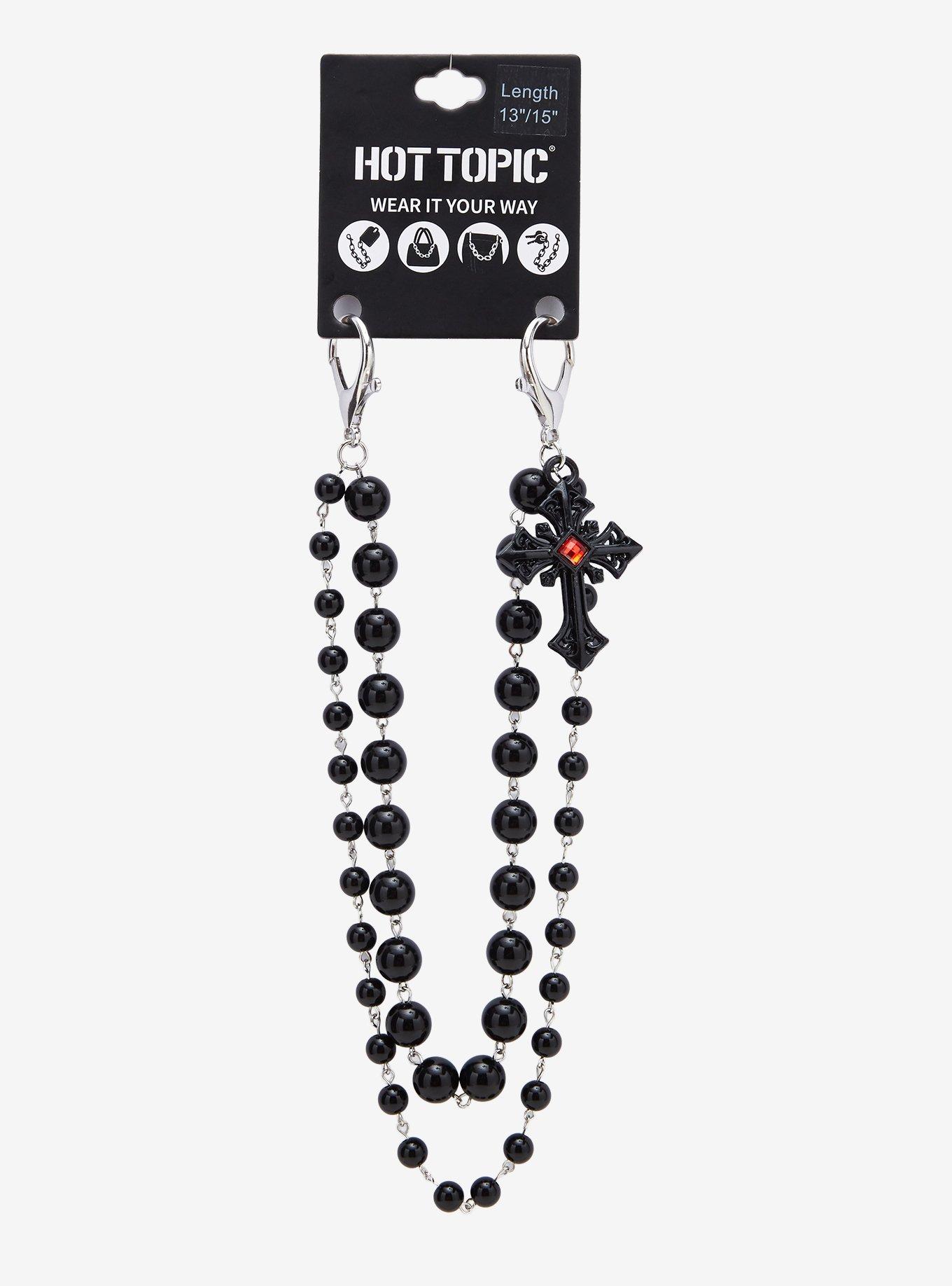 Black Bead Cross 13 Inch & 15 Inch Double Wallet Chain, , hi-res