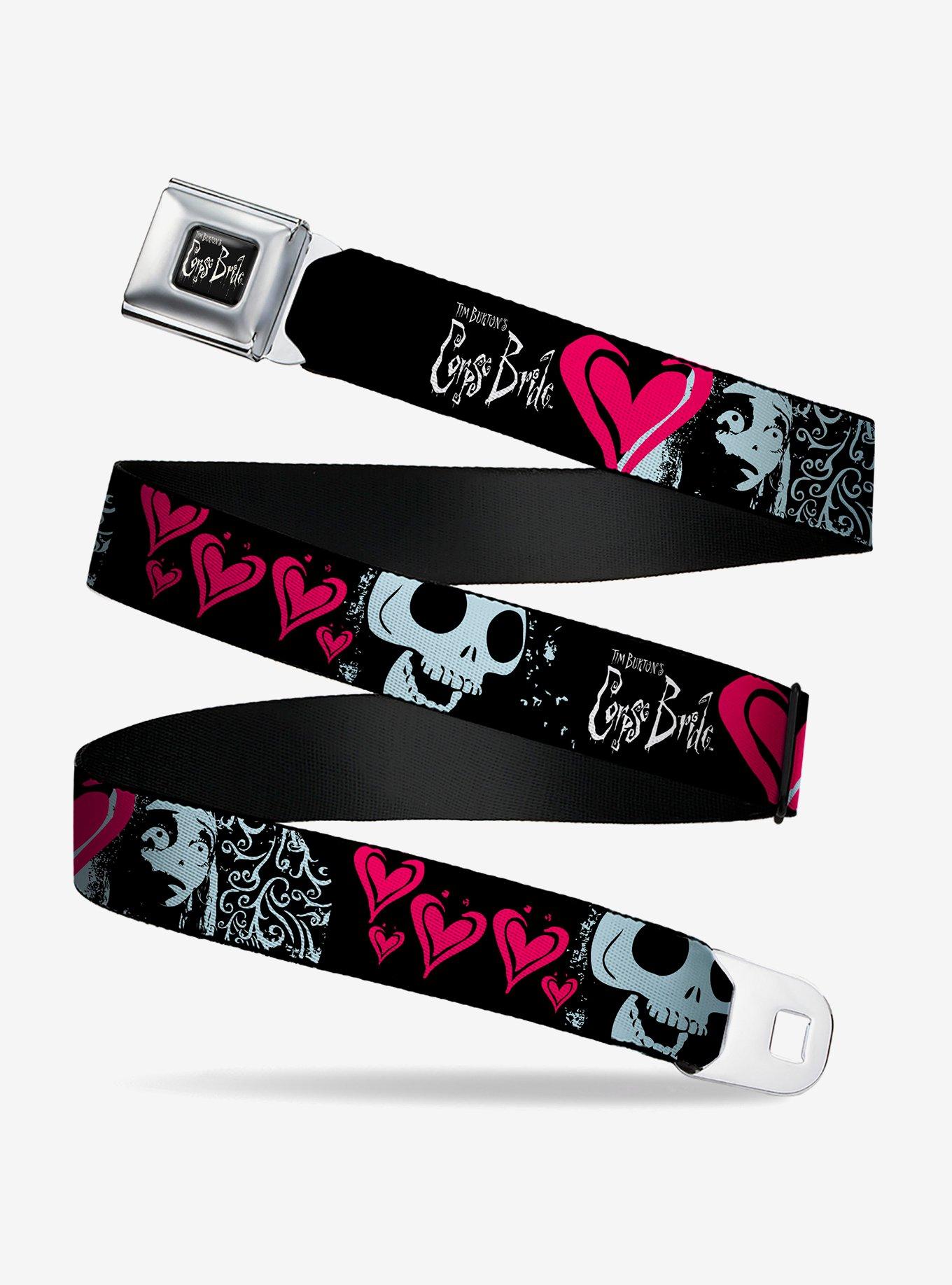 Corpse Bride Emily Hearts and Skull Black White Pink Seatbelt Buckle Belt, , hi-res