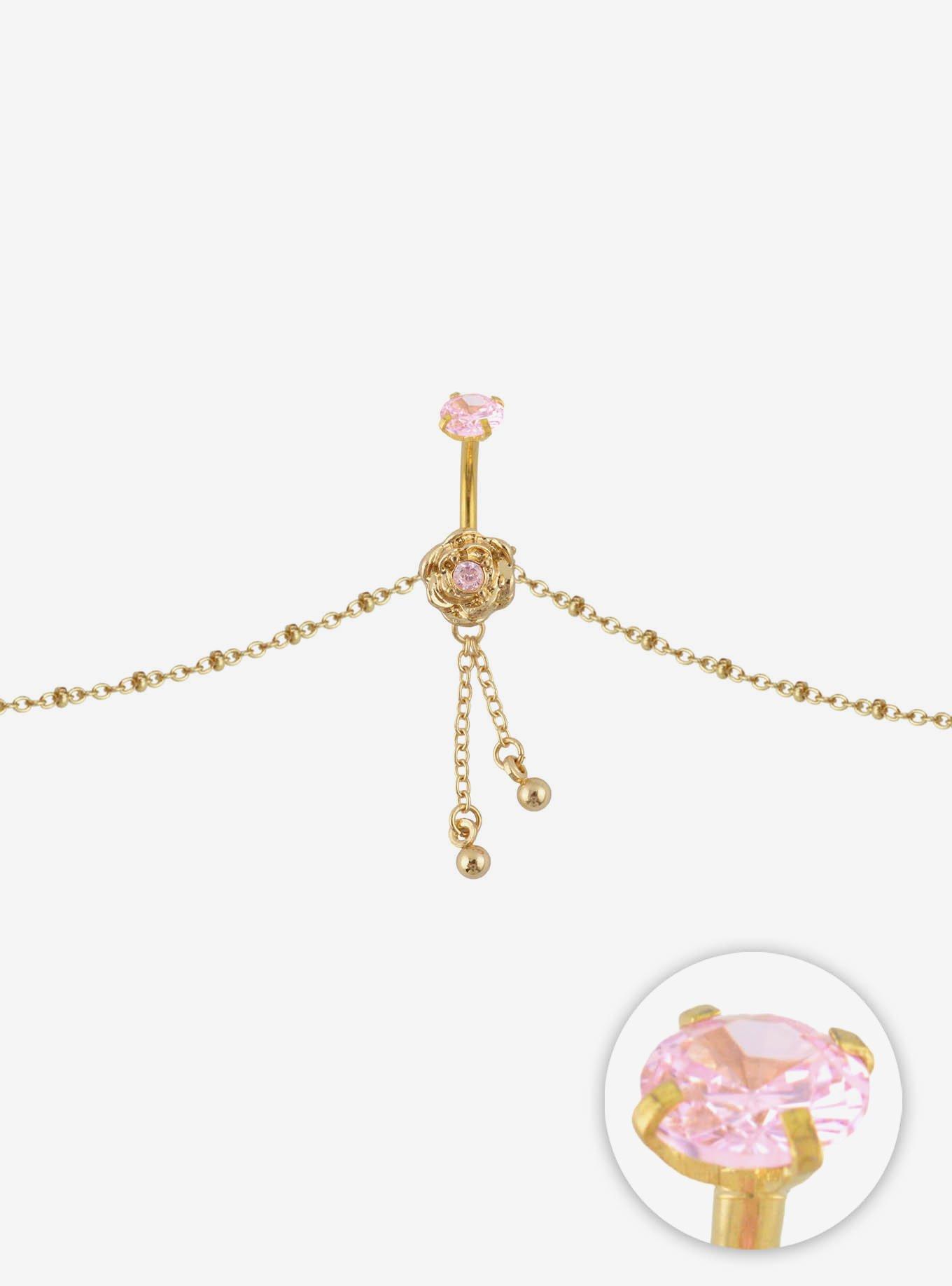 Steel Gold Pink Rose Navel Barbell & Belly Chain, , hi-res
