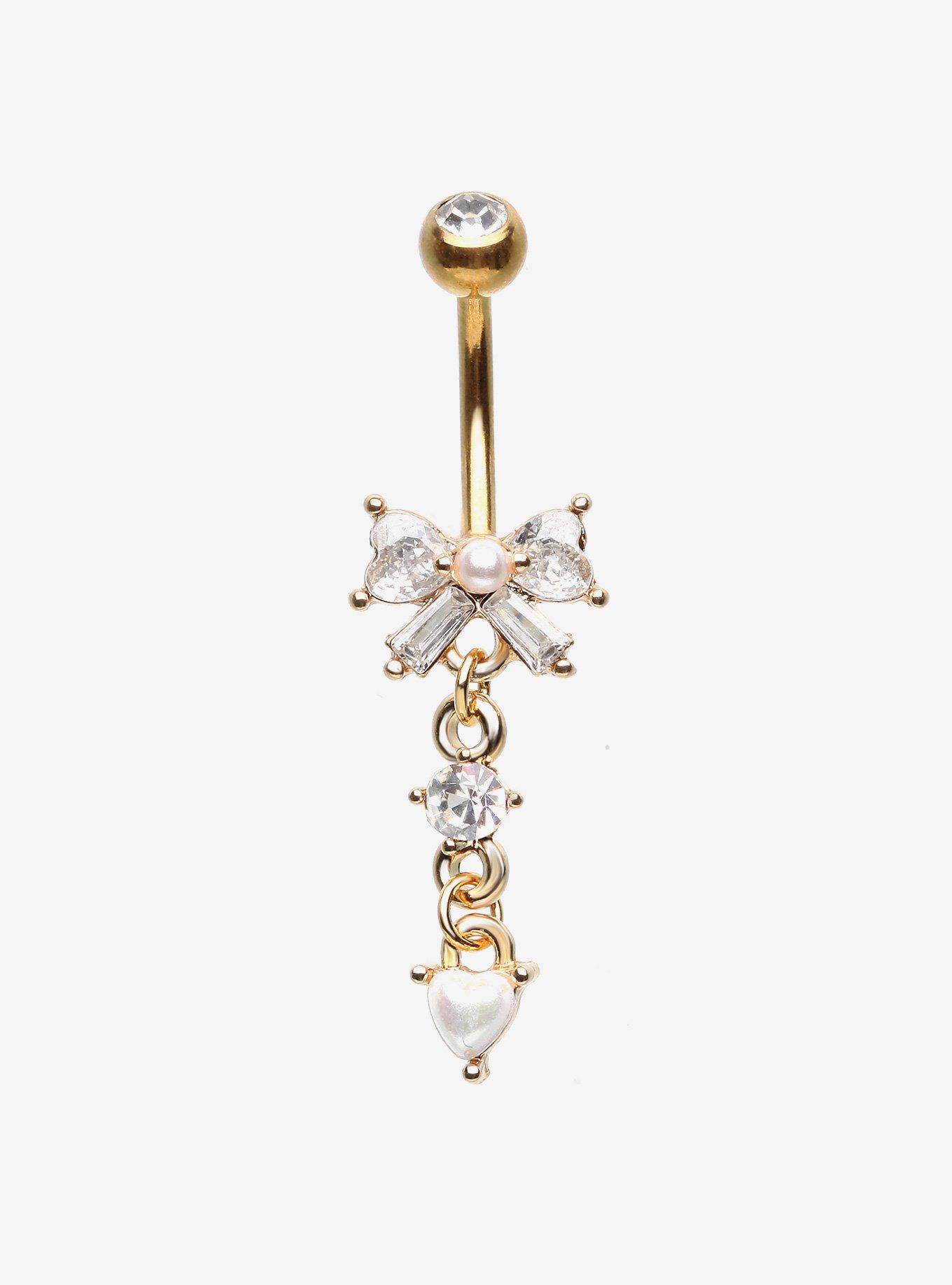 Steel Gold Pearl Bow Navel Barbell, , hi-res