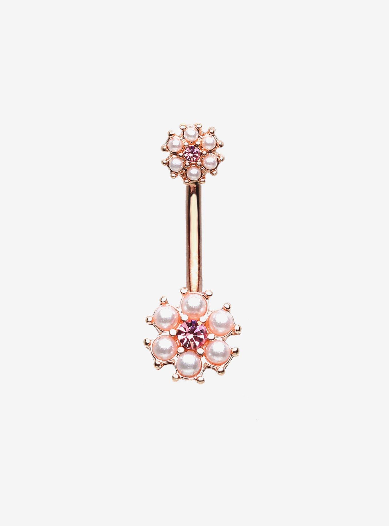 Steel Floral Pearl Navel Barbell, , hi-res