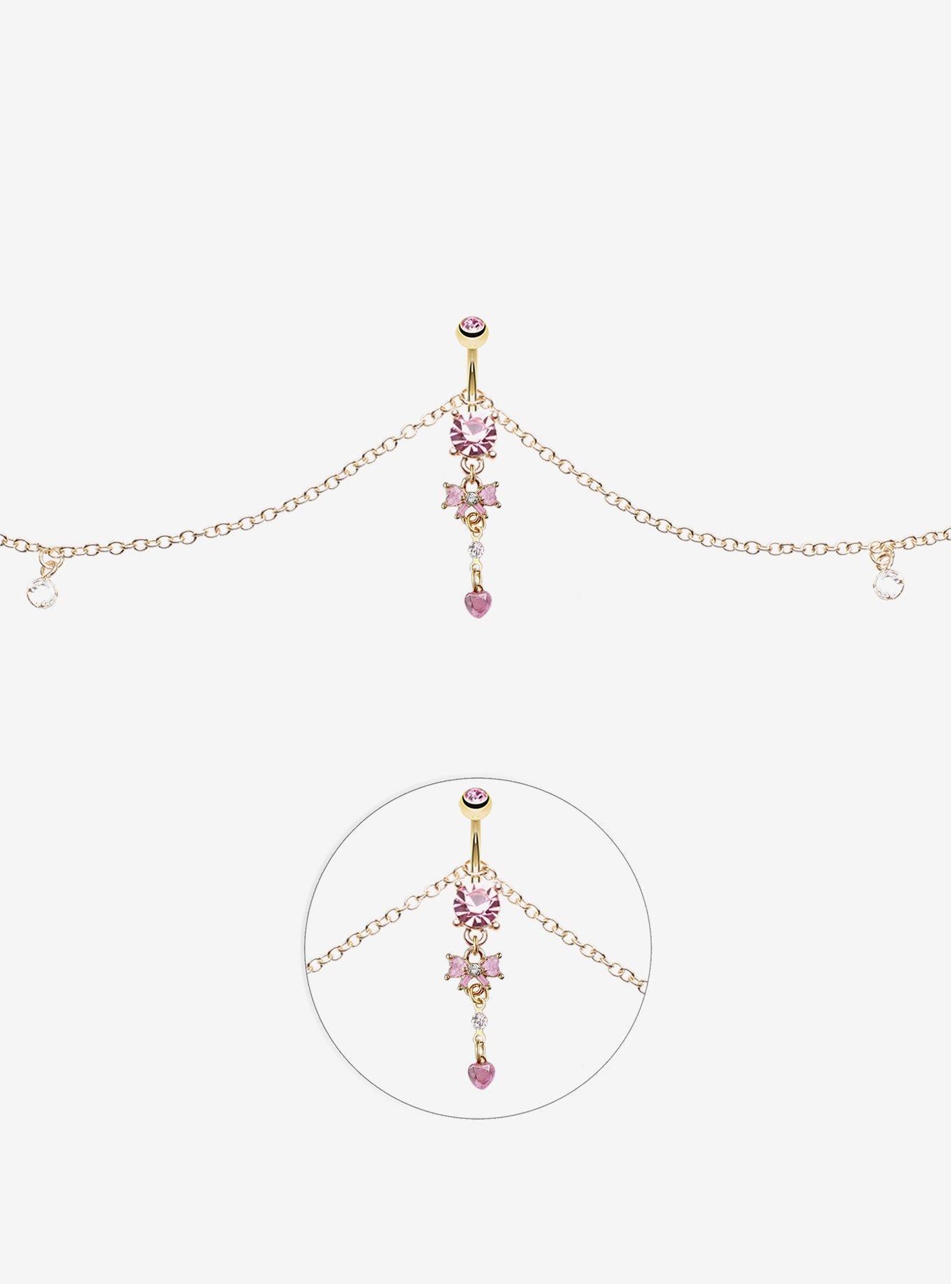 Steel Pink Bow Navel Barbell & Belly Chain, , hi-res