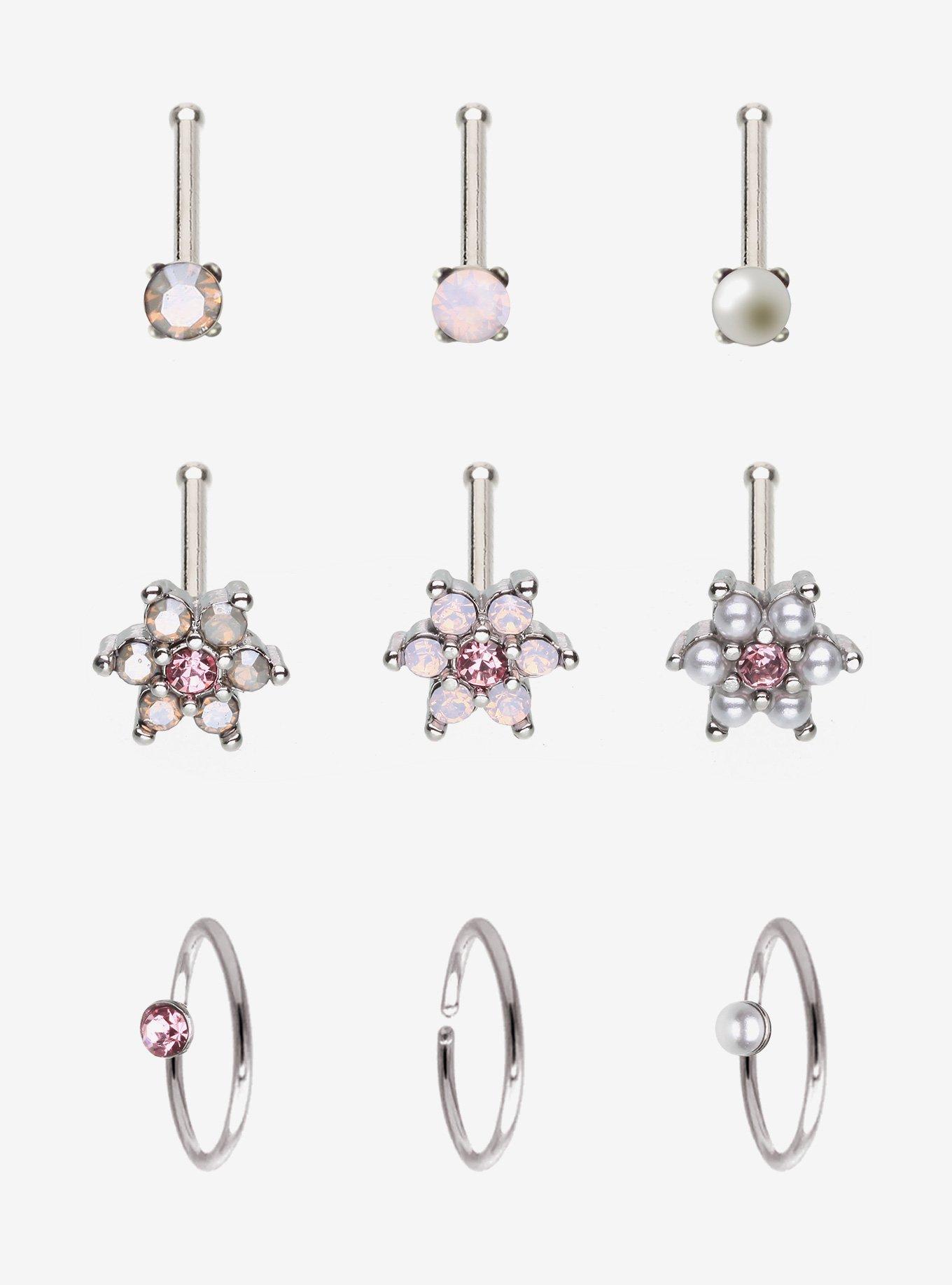 Steel Floral Gem Nose Stud & Hoop 9 Pack, , hi-res