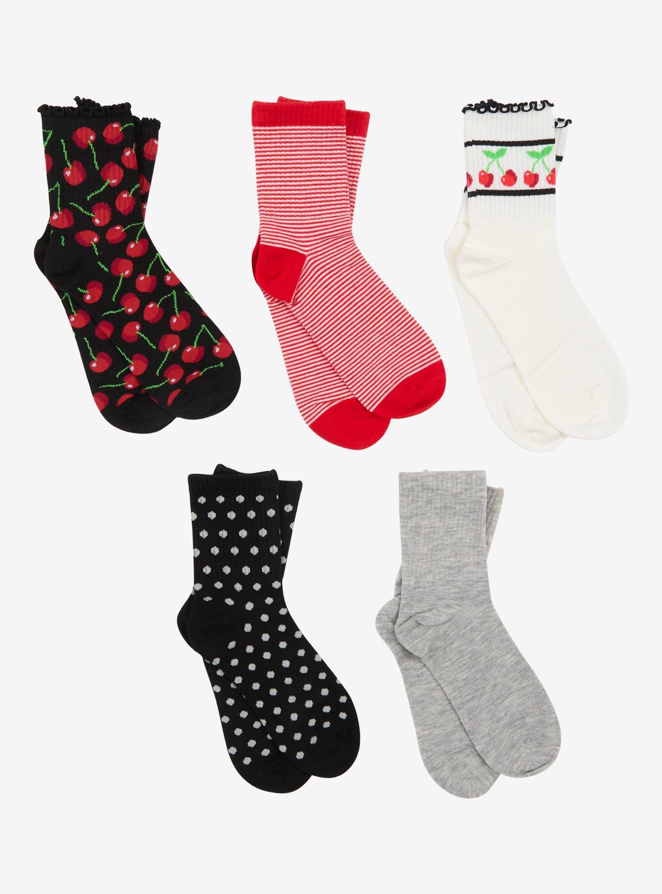 Cherry Polka Dot Crew Socks 5 Pair, , hi-res