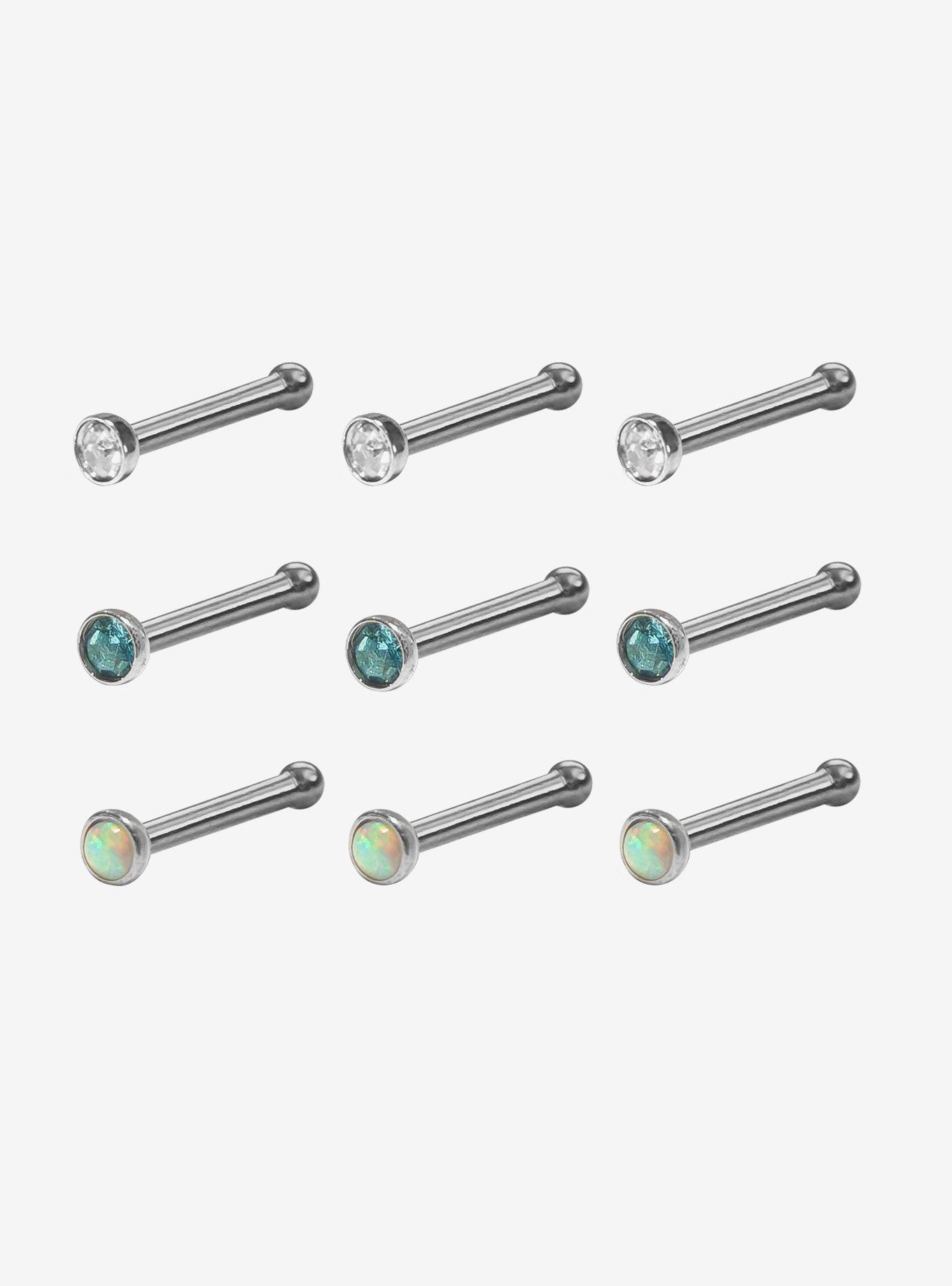 Steel Silver Blue Gem Nose Stud 9 Pack, , hi-res