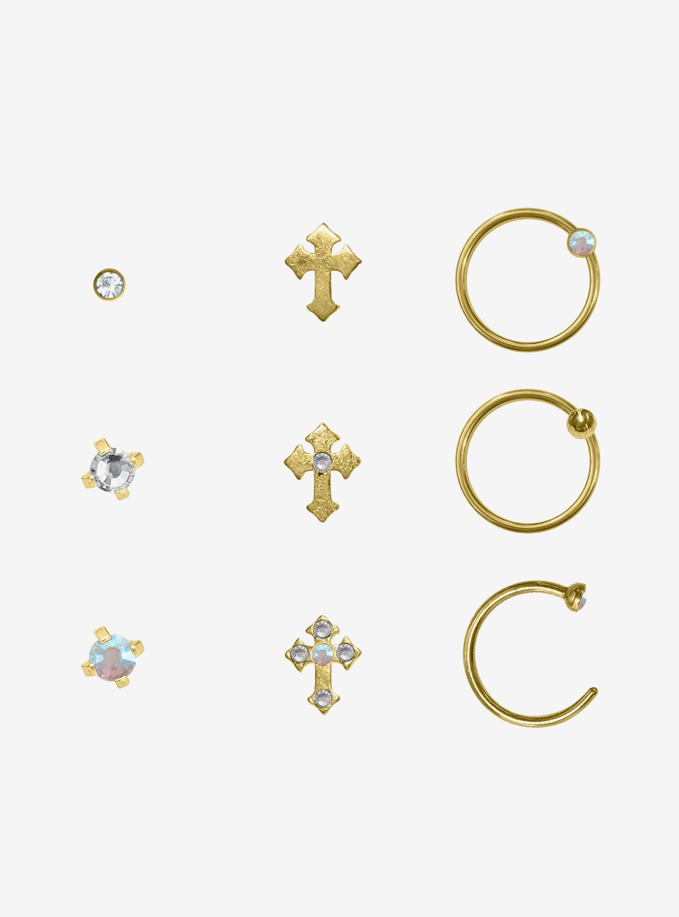Steel Gold Cross Nose Stud & Hoop 9 Pack, , hi-res