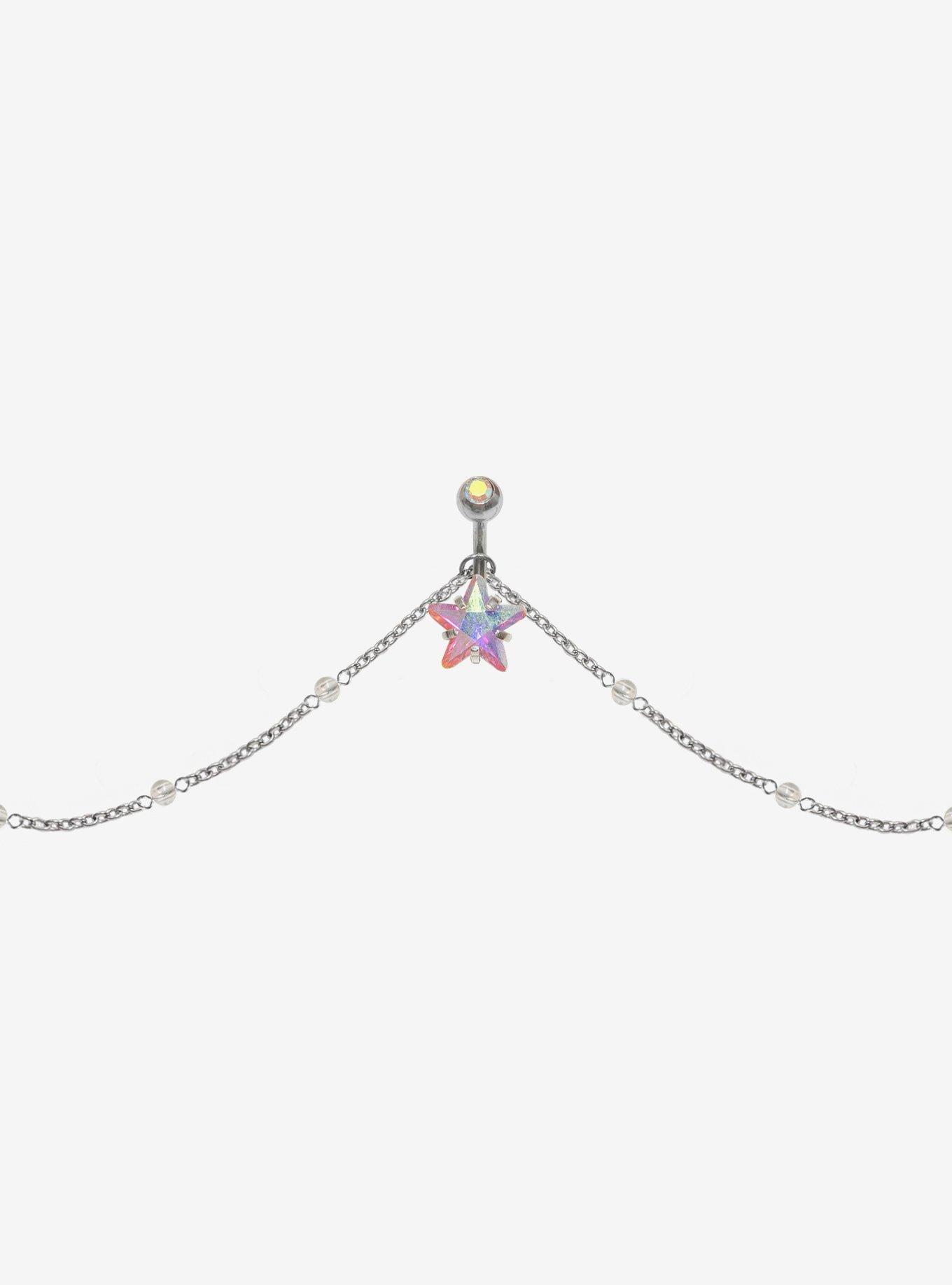 Steel Star Navel Barbell With Chain, , hi-res
