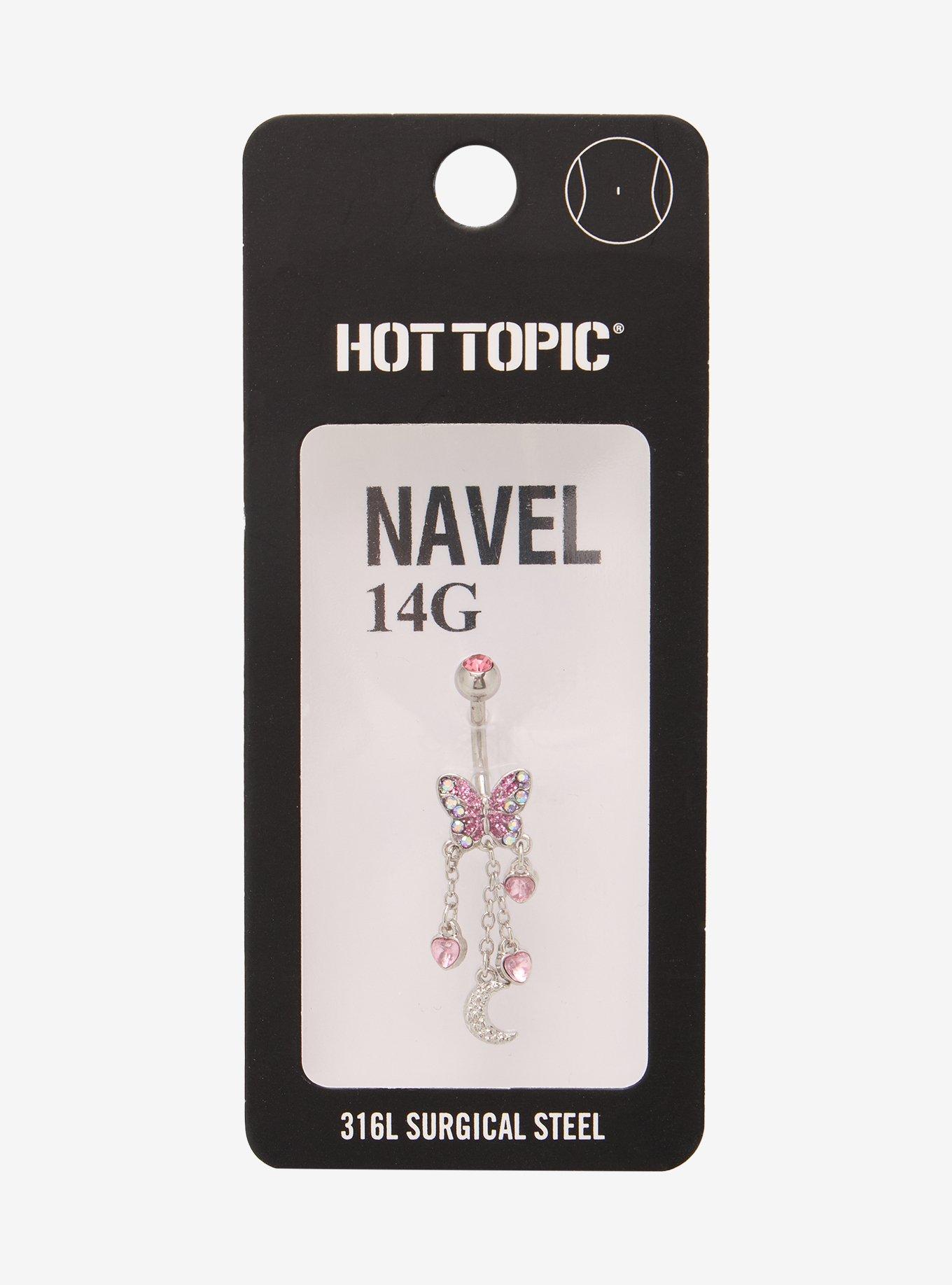 14G Steel Pink Bling Butterfly Navel Barbell, , hi-res