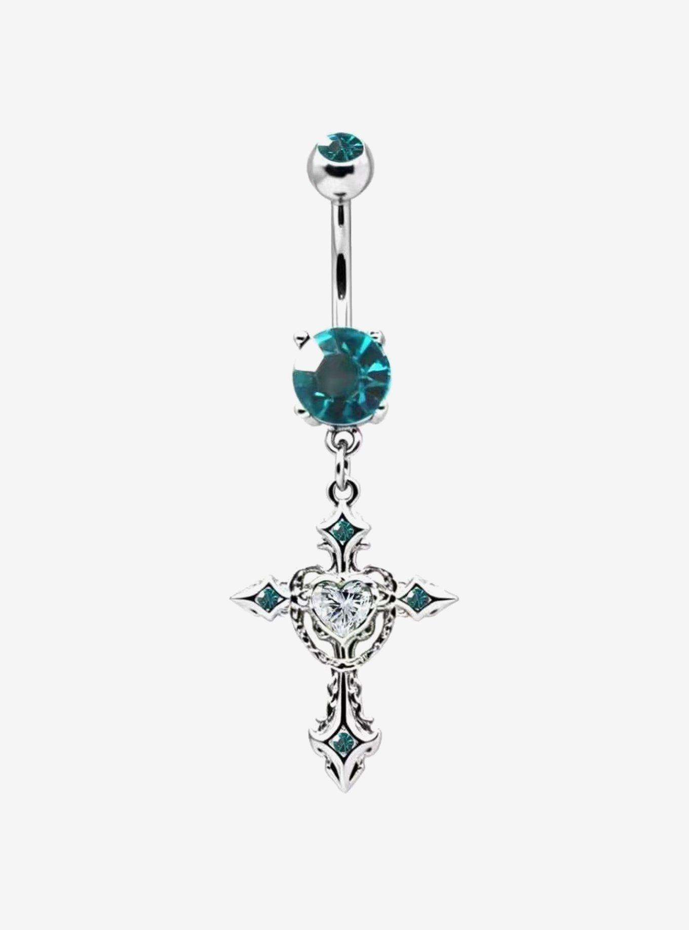 Steel Teal Cross Navel Barbell, , hi-res