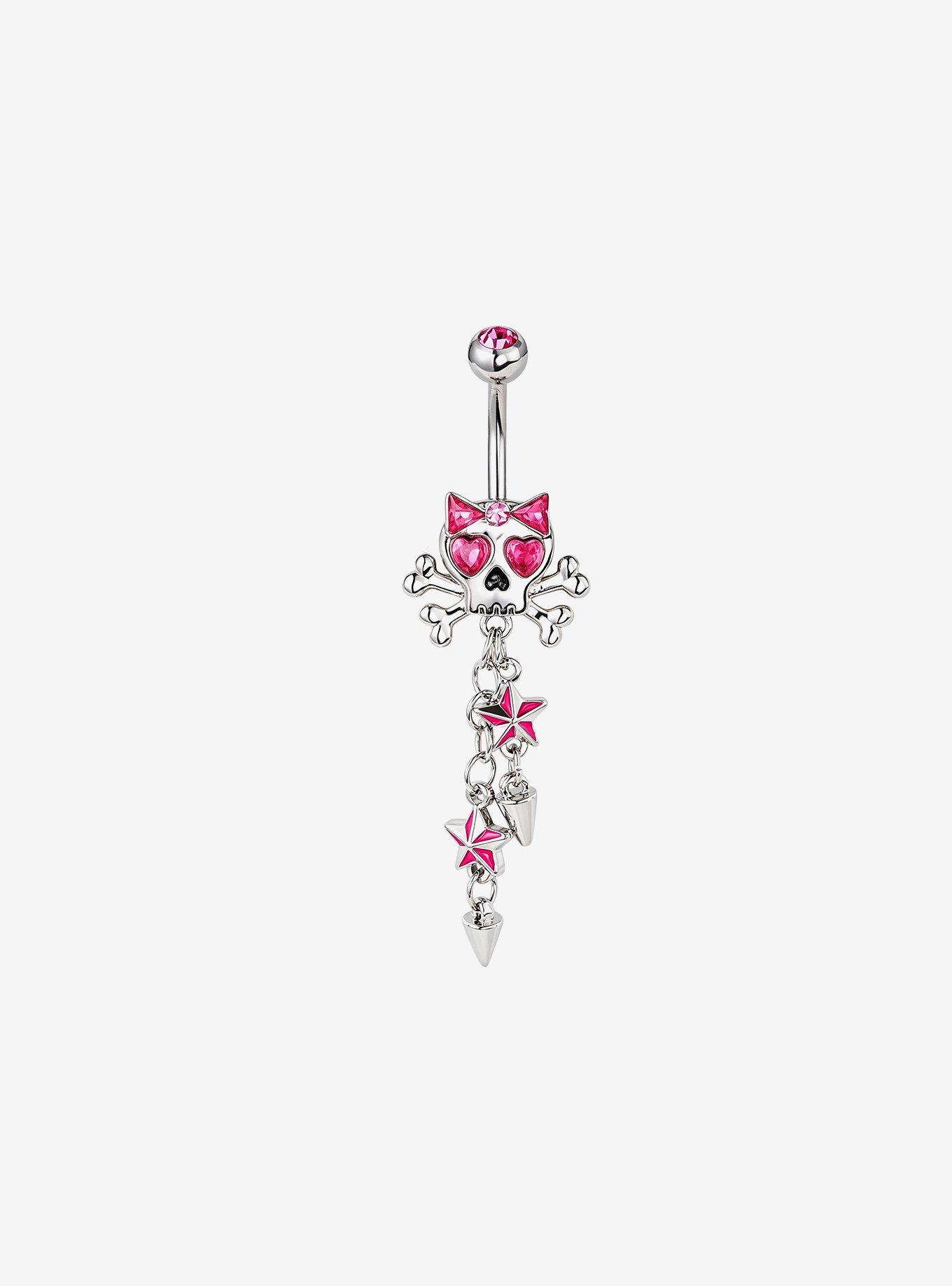 Steel Pink Skull & Crossbones Navel Barbell, , hi-res
