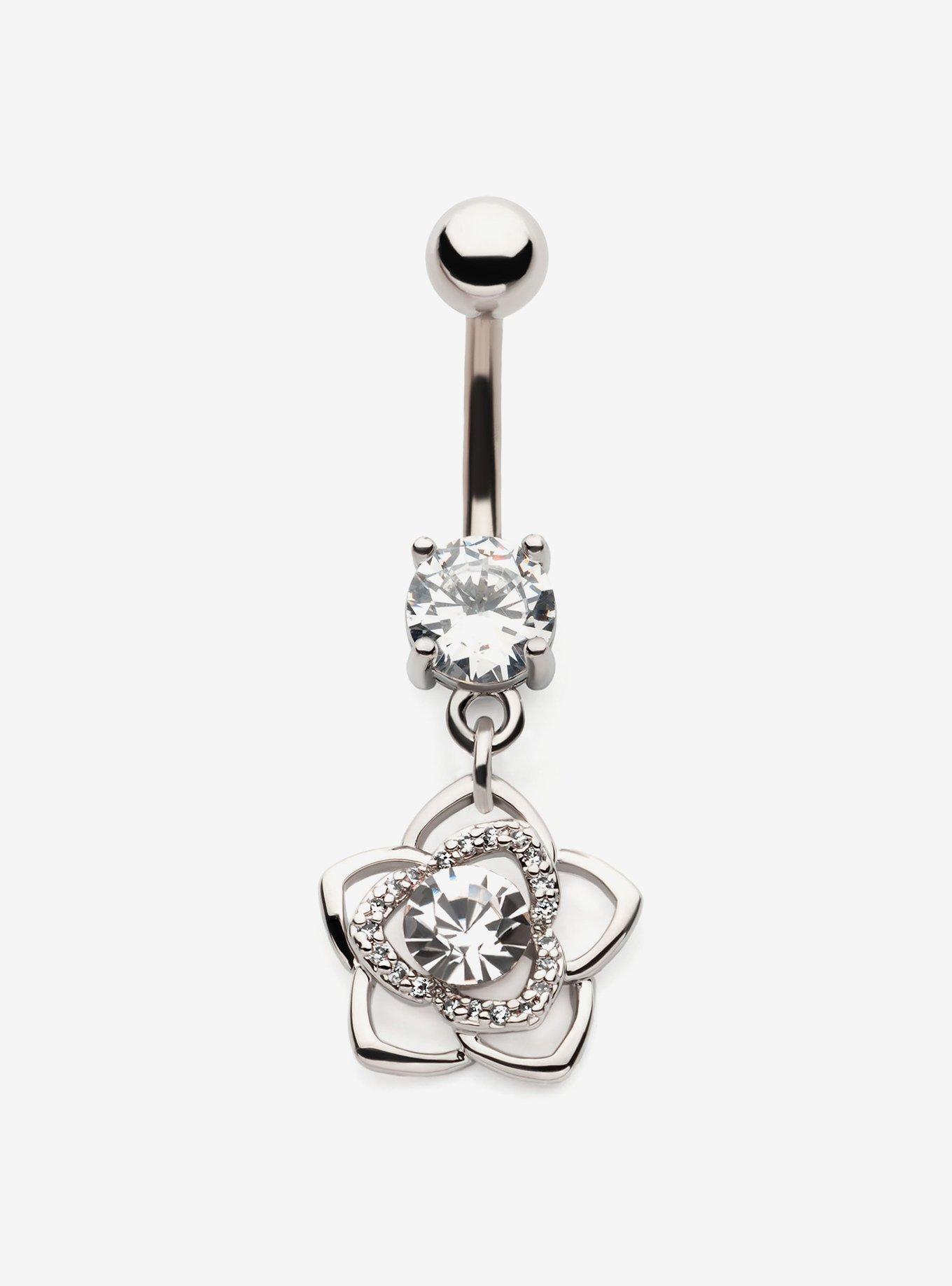 Steel Silver Bling Flower Navel Barbell, , hi-res
