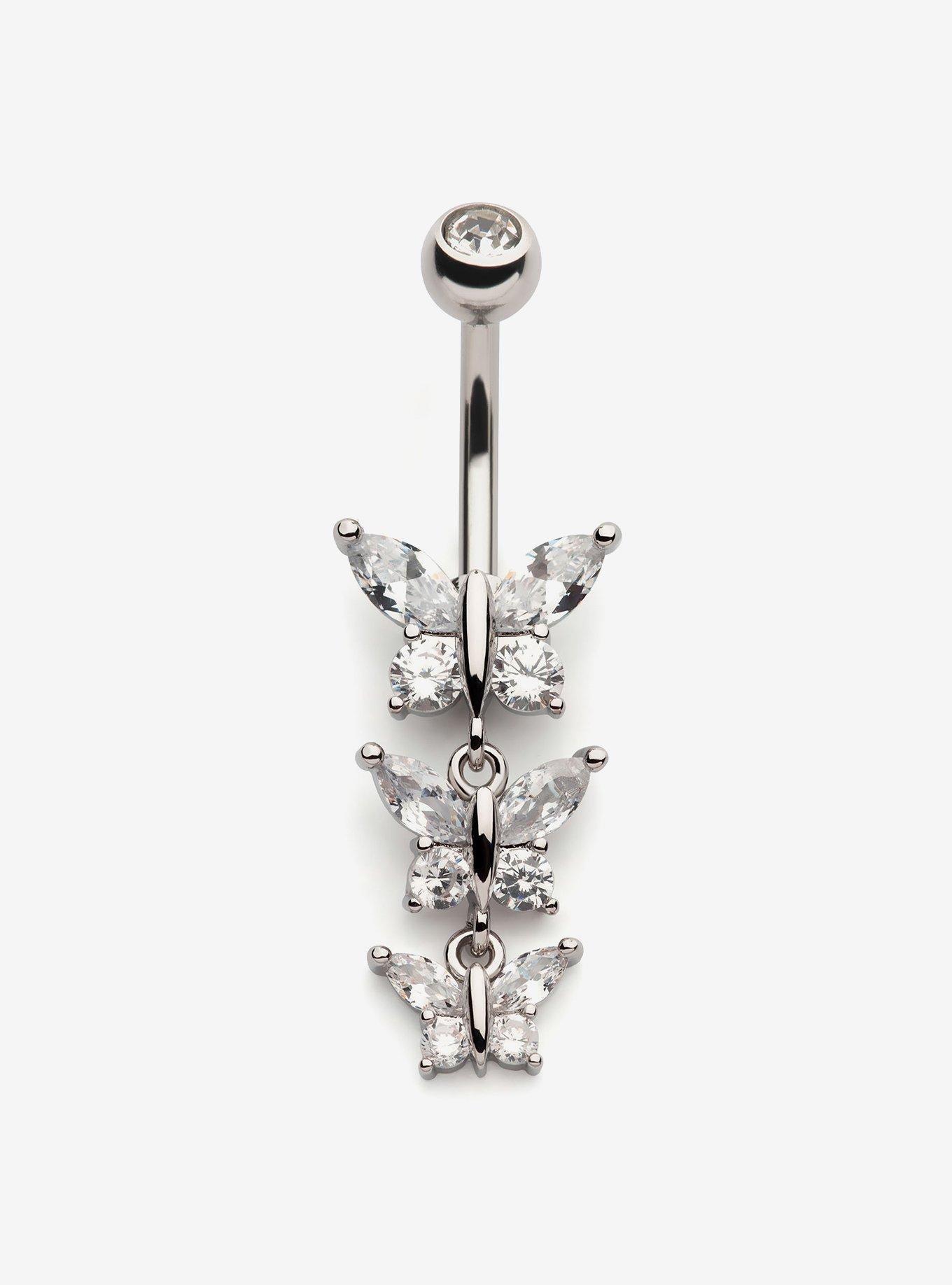 Steel Bling Butterfly Trio Navel Barbell, , hi-res