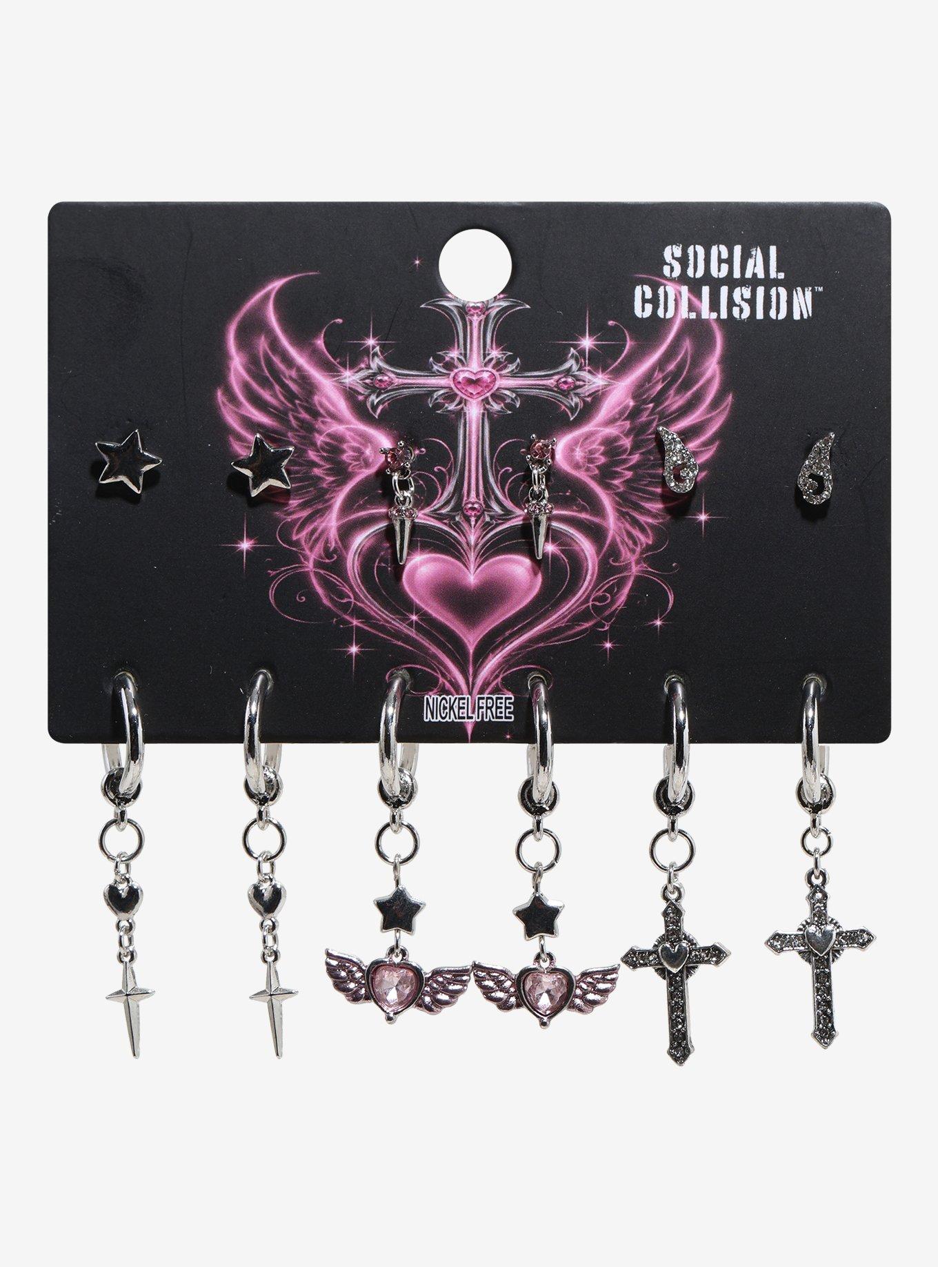Social Collision Winged Heart Cross Earring Set