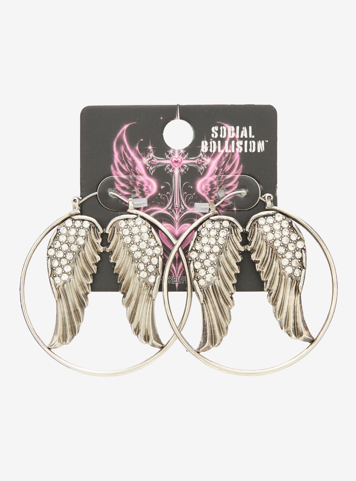 Social Collision Angel Wing Rhinestone Hoop Earrings, , hi-res