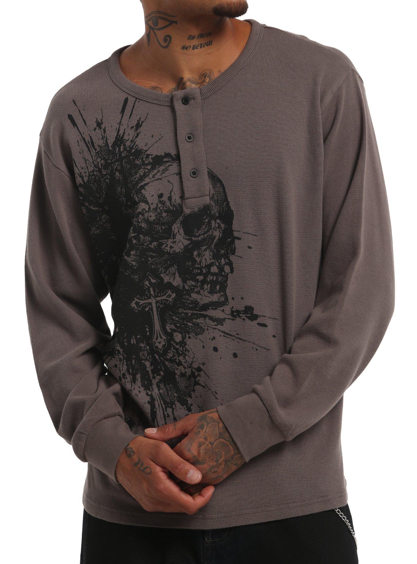 Black & Grey Skull Cross Waffle Thermal Long-Sleeve T-Shirt