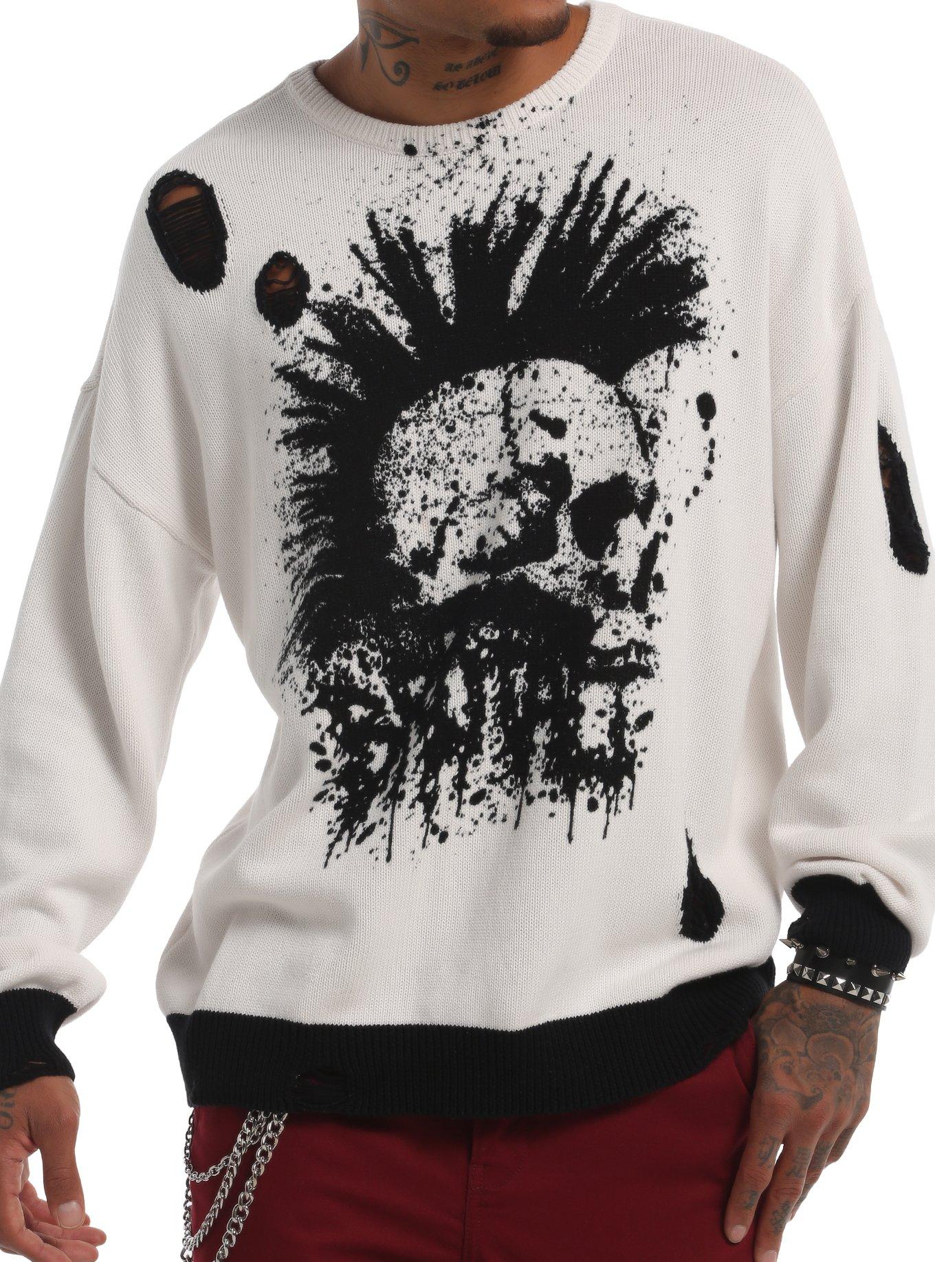 HOTTOPIC Mohawk Skull Distressed Sweater