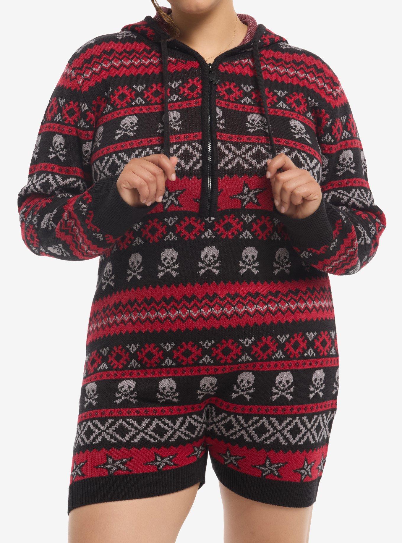 SOCIALCOLLISION Social Collision Black & Red Skull Fair Isle Girls Hooded Romper Plus Size