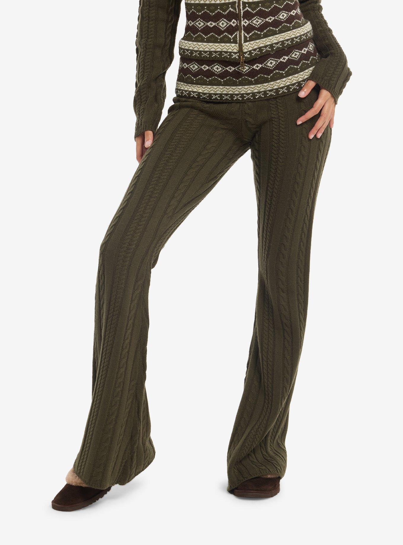 THORNANDFABLE Thorn & Fable Olive Cable Knit Girls Flare Lounge Pants
