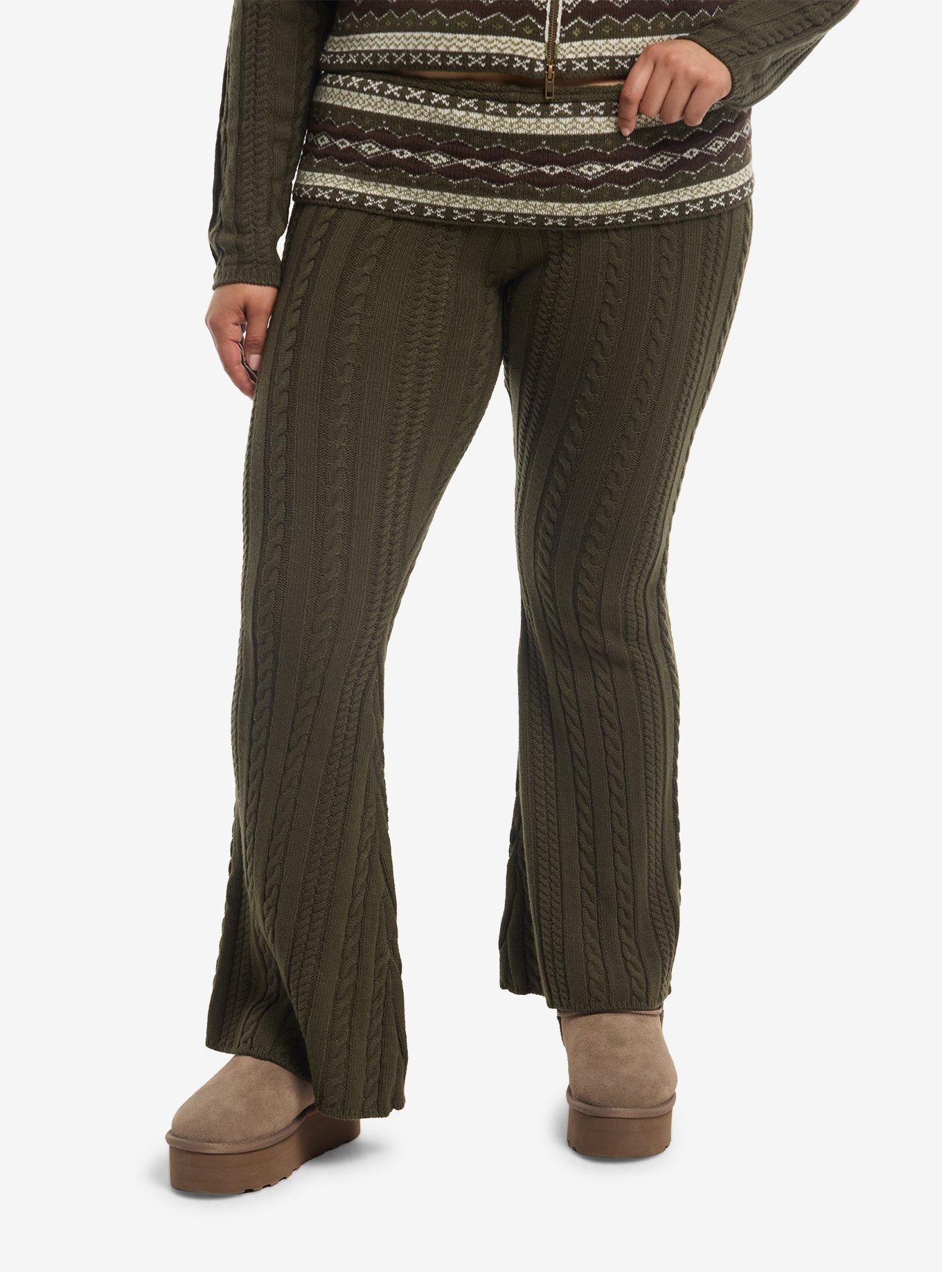 Thorn & Fable Olive Cable Knit Girls Flare Lounge Pants Plus Size | Hot ...