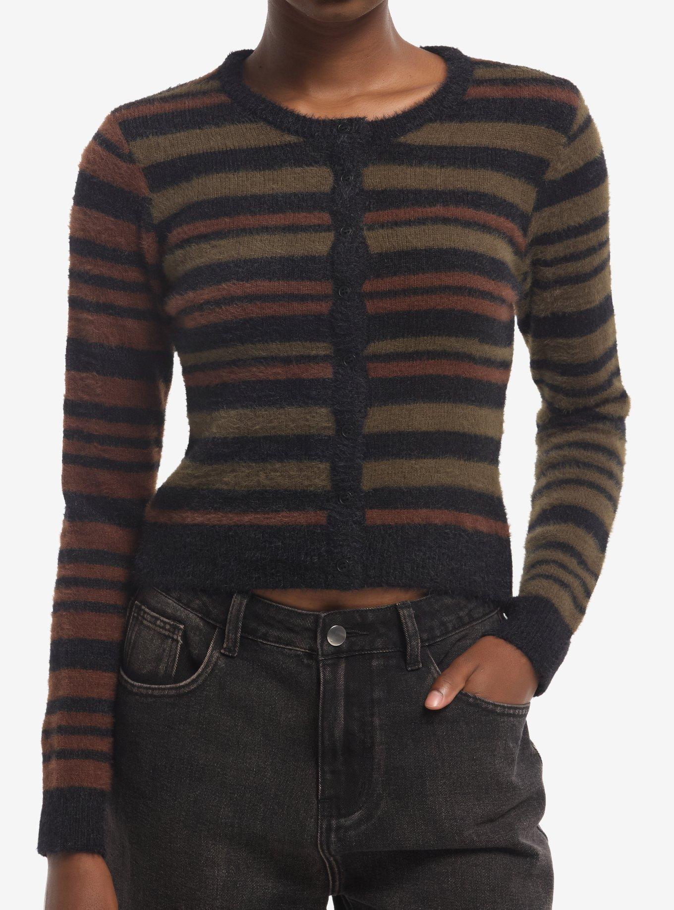 Thorn & Fable Brown & Green Stripe Girls Fuzzy Cardigan