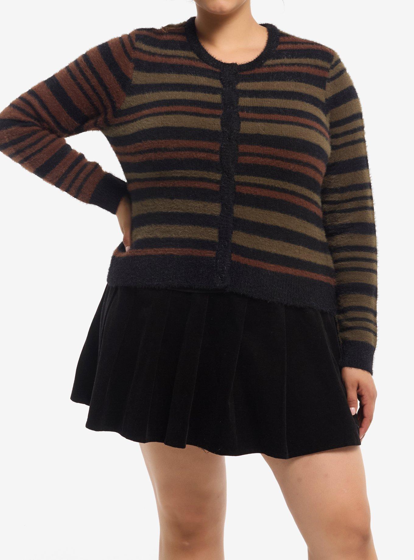 THORNANDFABLE Thorn & Fable Brown & Green Stripe Girls Fuzzy Cardigan Plus Size