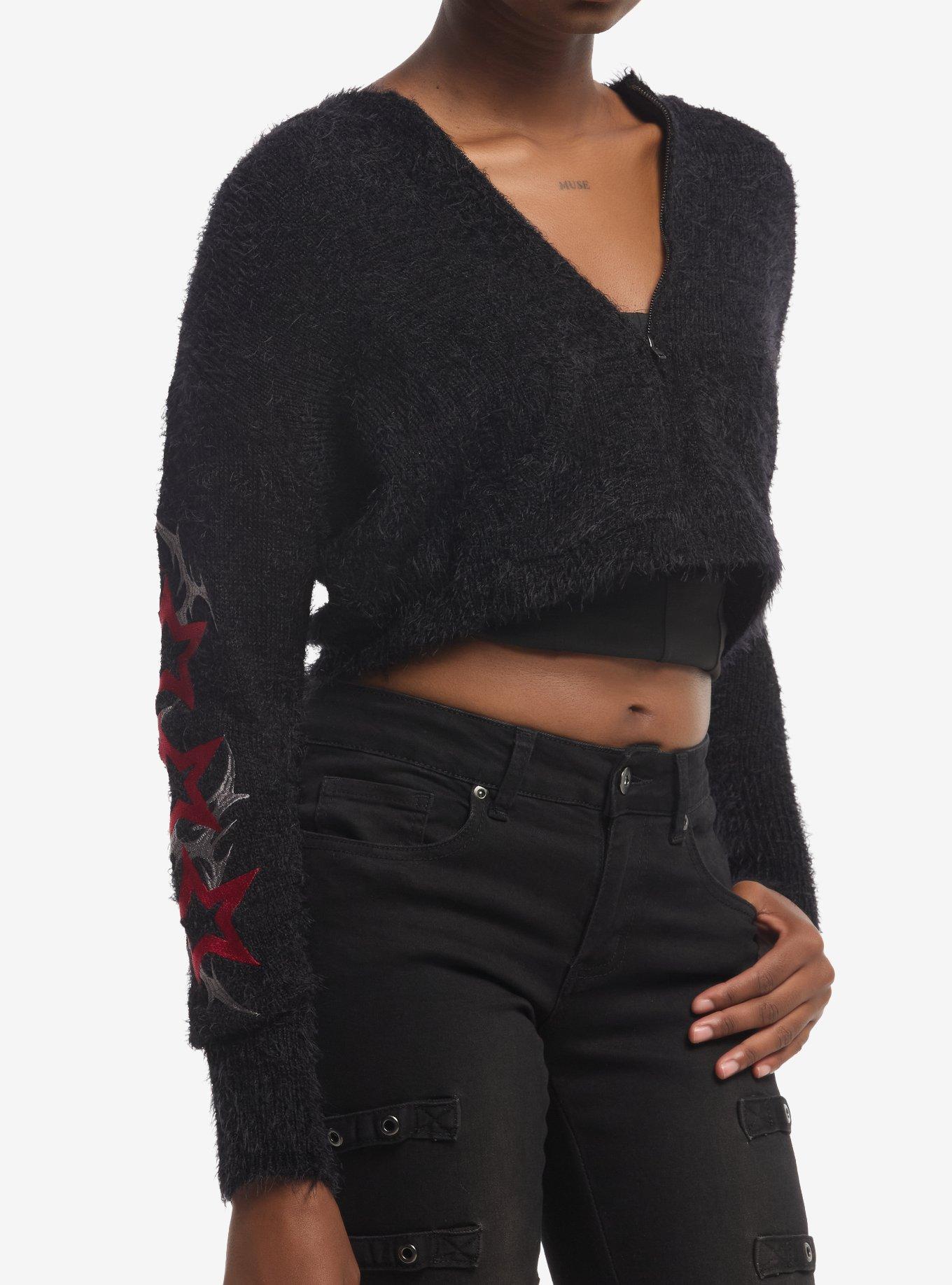 HOTTOPIC Black & Red Star Fuzzy Girls Crop Sweater