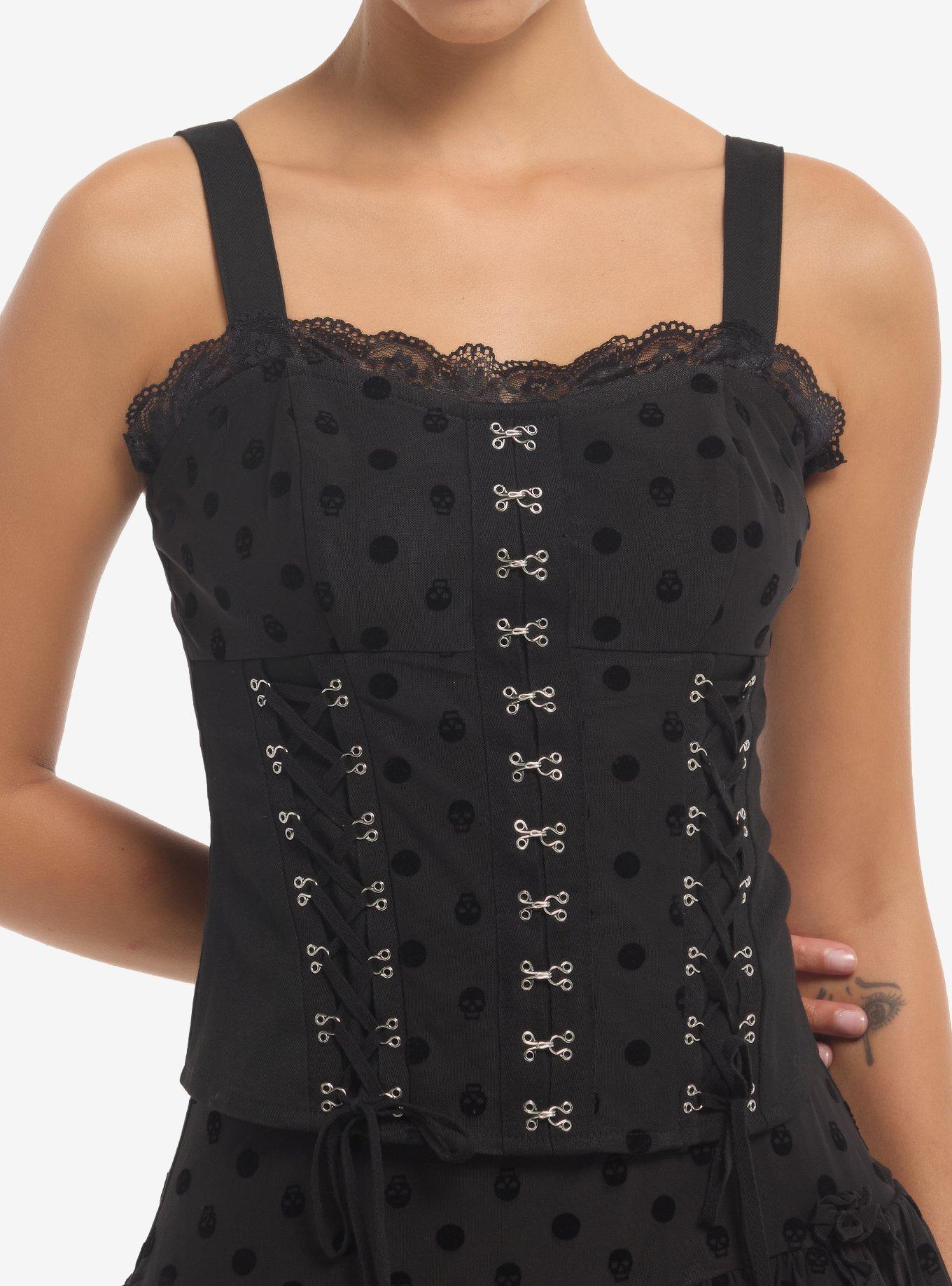 HOTTOPIC Black Skull Polka Dot Lace-Up Girls Corset Top
