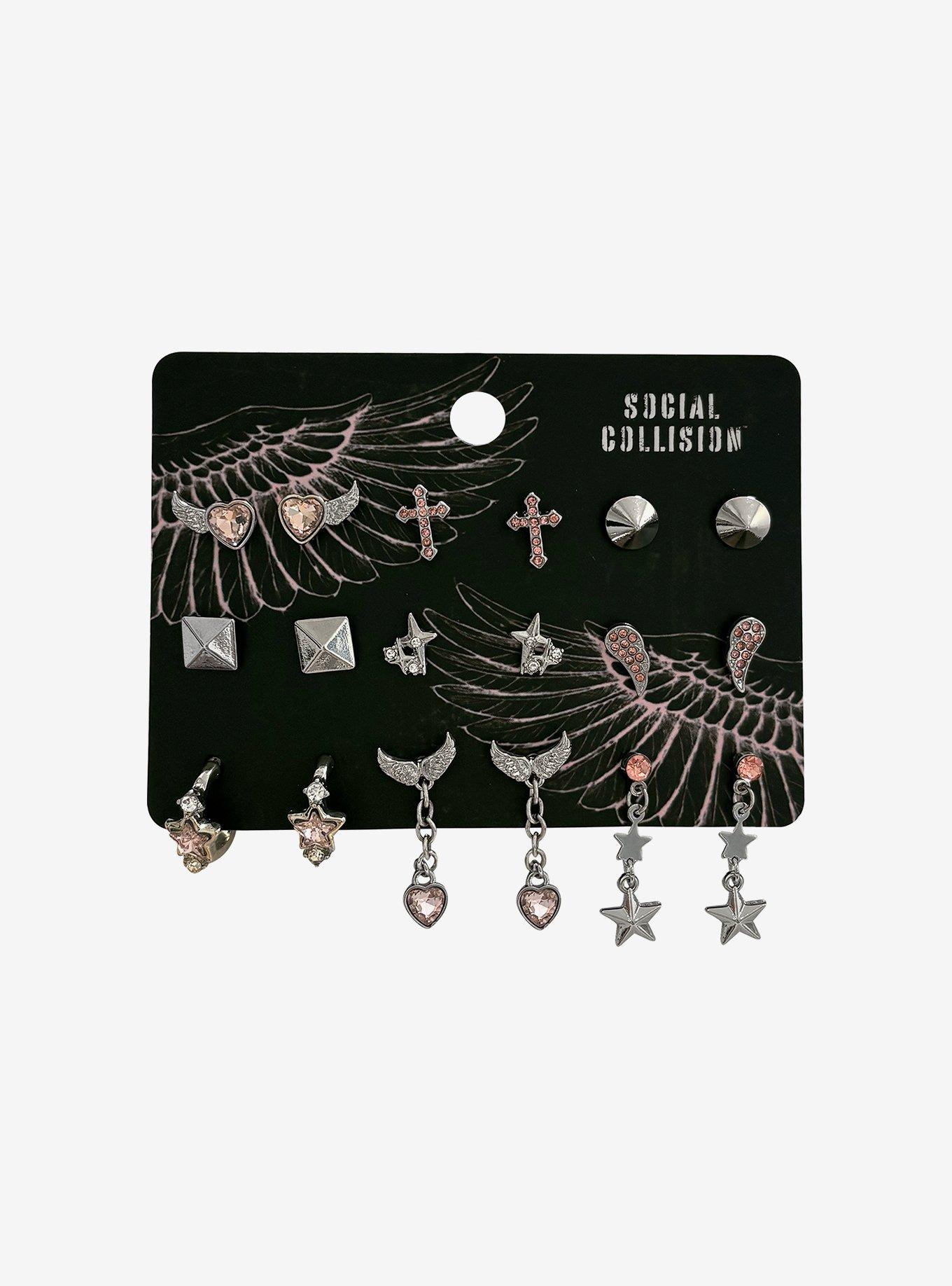 Social Collision Winged Heart Cross Earring Set, , hi-res
