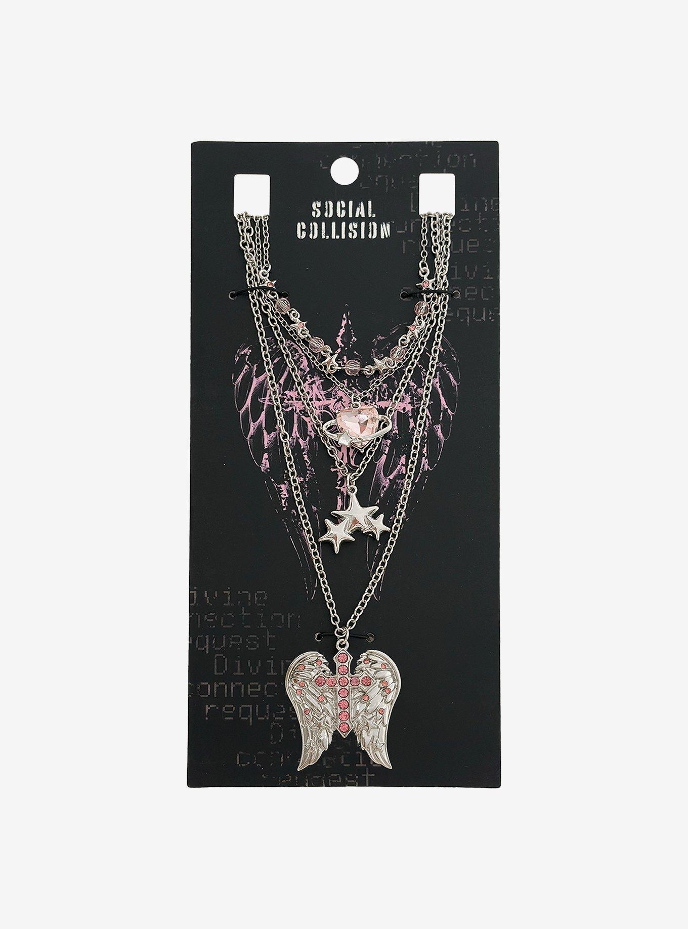 Social Collision Winged Cross Heart Necklace Set, , hi-res