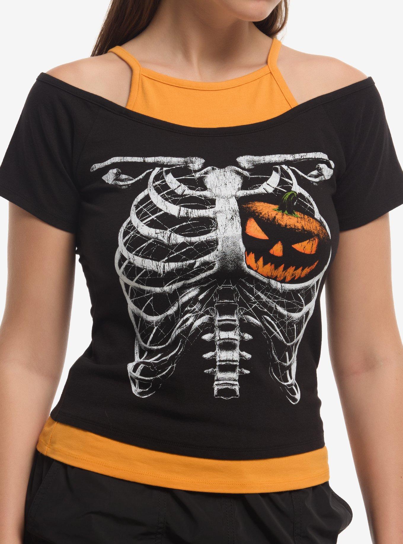 Pumpkin Rib Cage Girls Cold Shoulder Top, , hi-res