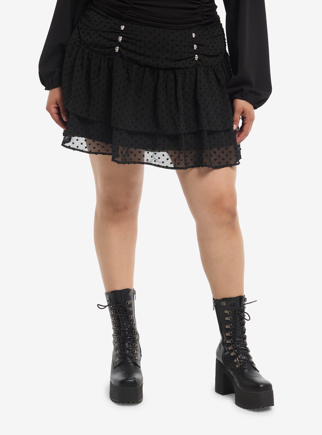 Black Skull Stud Polka Dot Tiered Skirt Plus Size