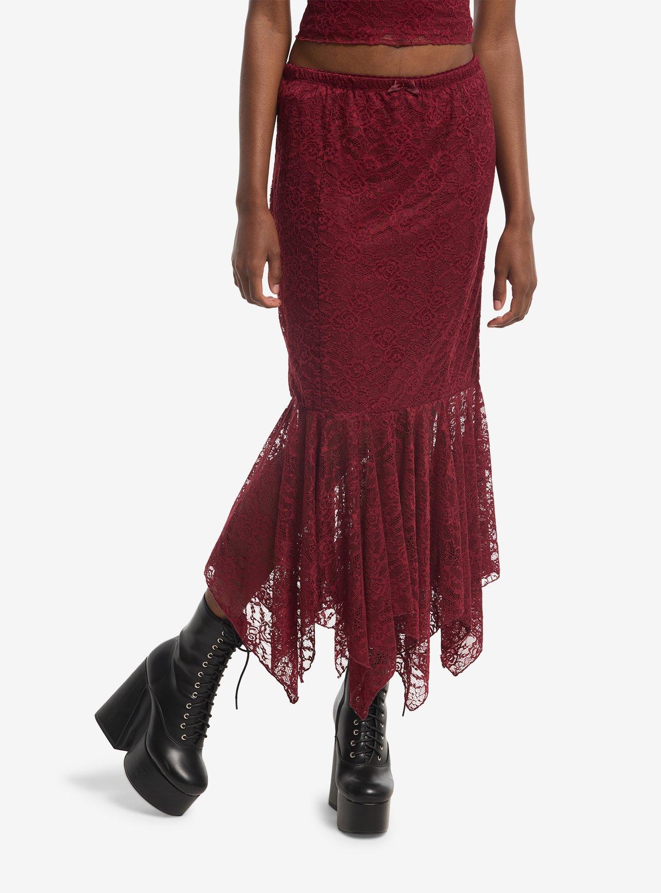 HOTTOPIC Burgundy Floral Lace Hanky Hem Maxi Skirt