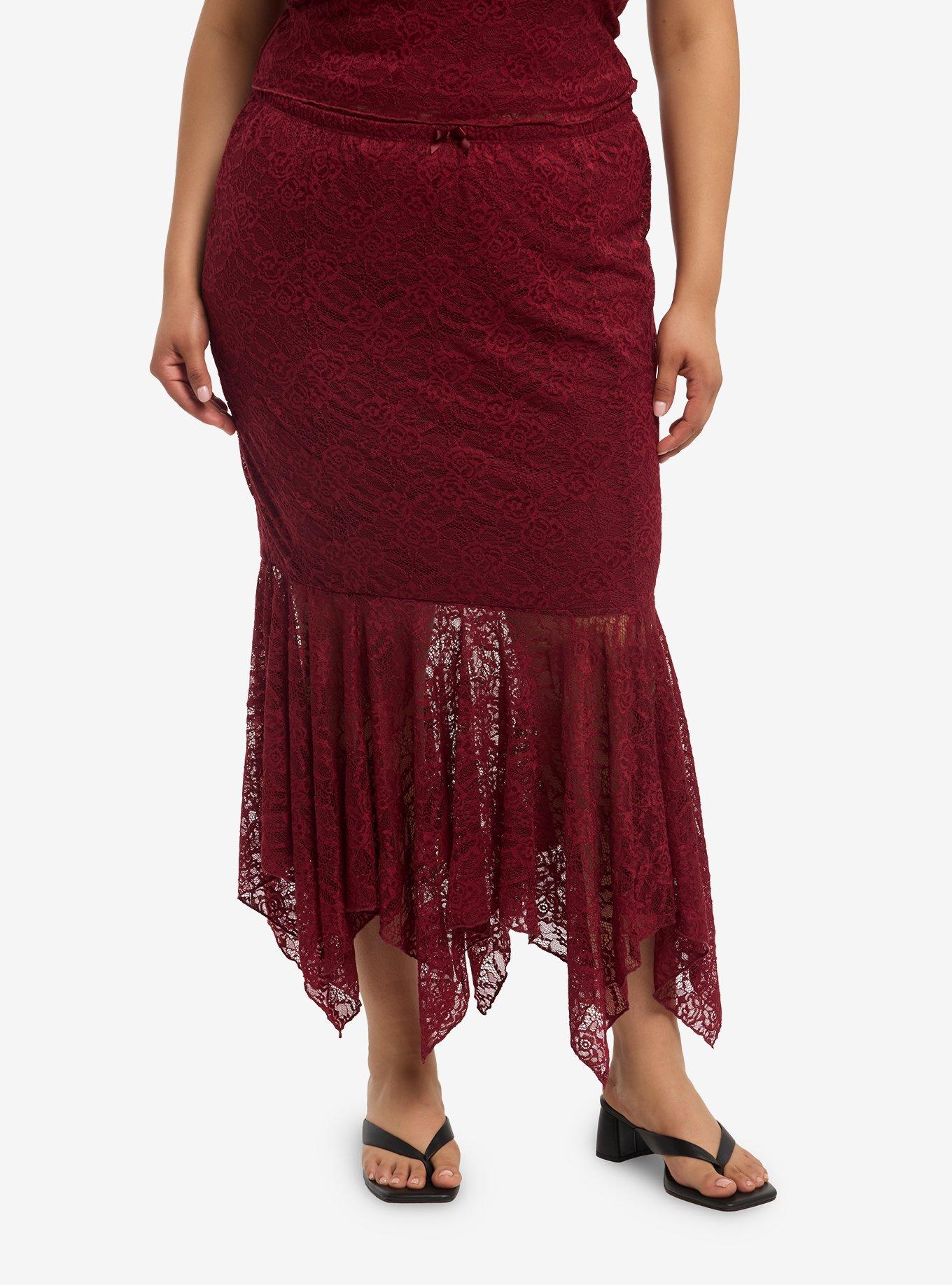 HOTTOPIC Burgundy Floral Lace Hanky Hem Maxi Skirt Plus Size