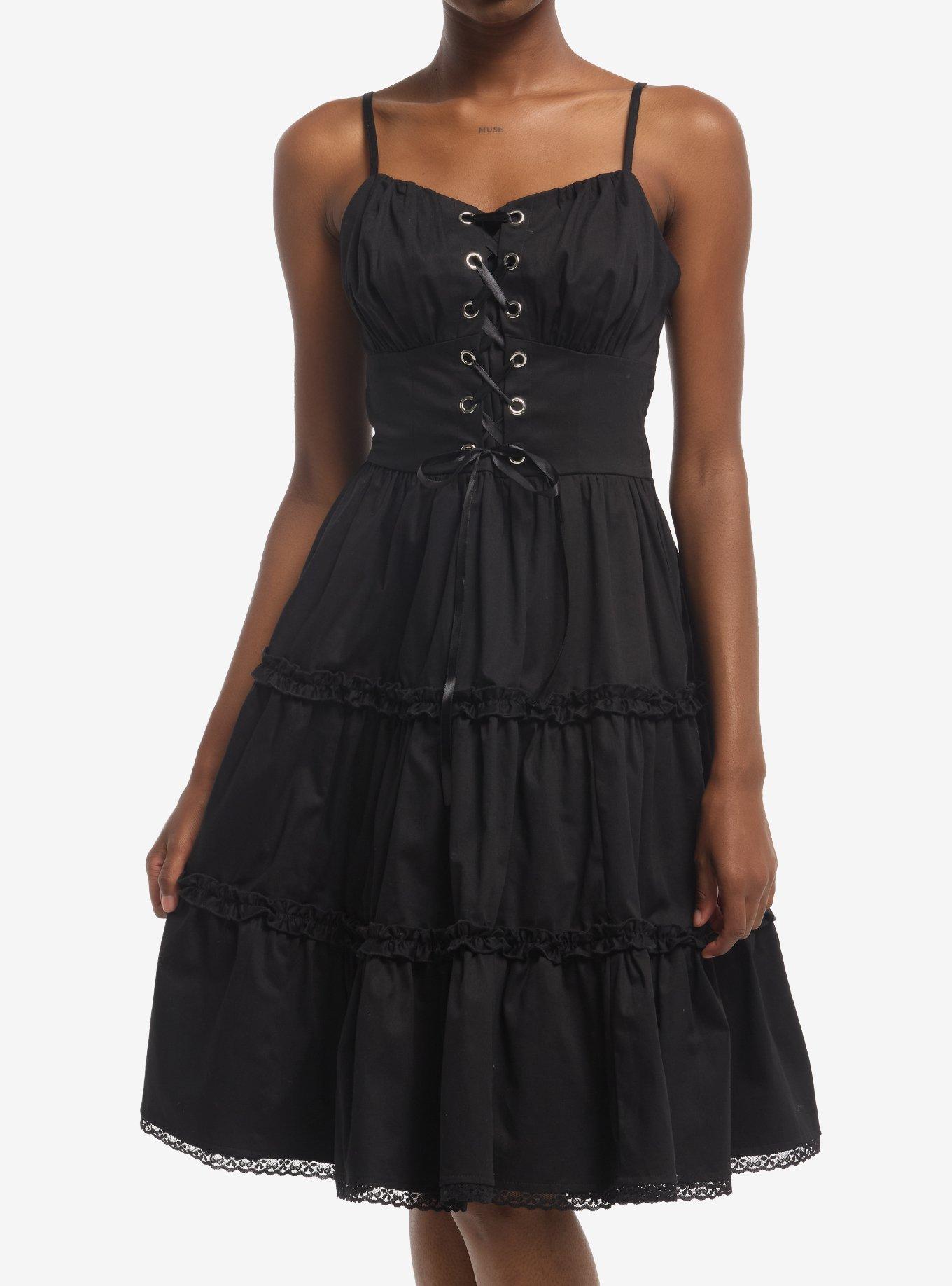HOTTOPIC Black Lace-Up Tiered Midi Dress