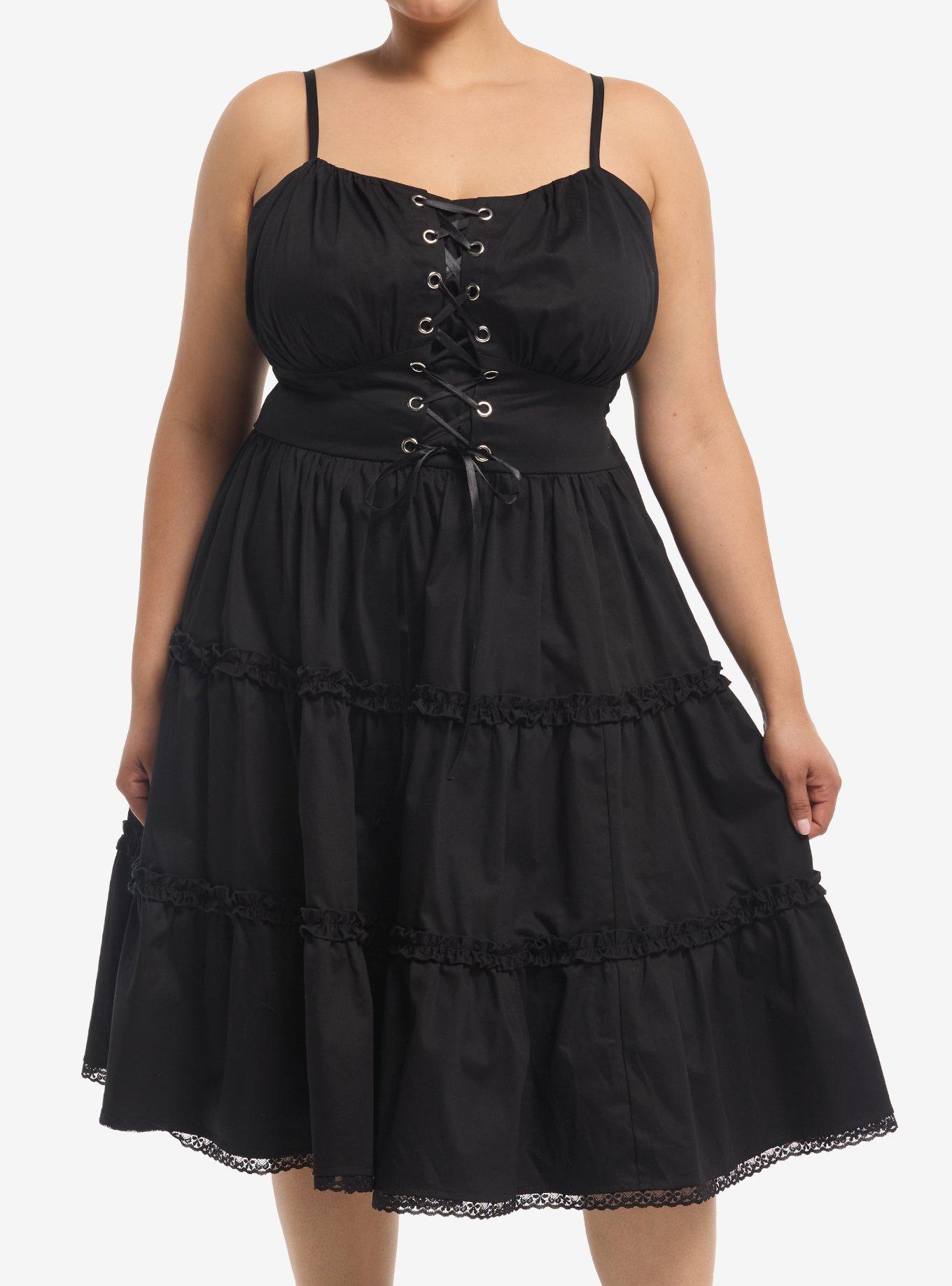 Black Lace-Up Tiered Midi Dress Plus Size