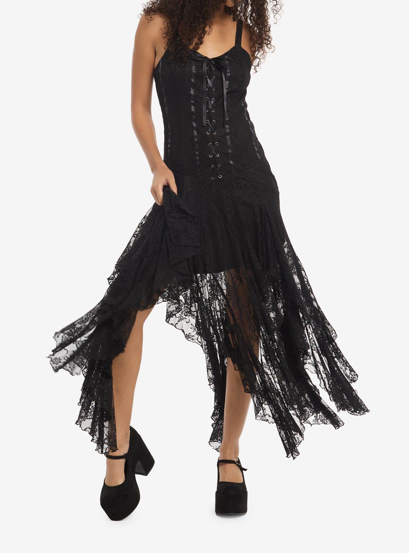 COSMICAURA Cosmic Aura Black Lace-Up Hanky Hem Maxi Dress