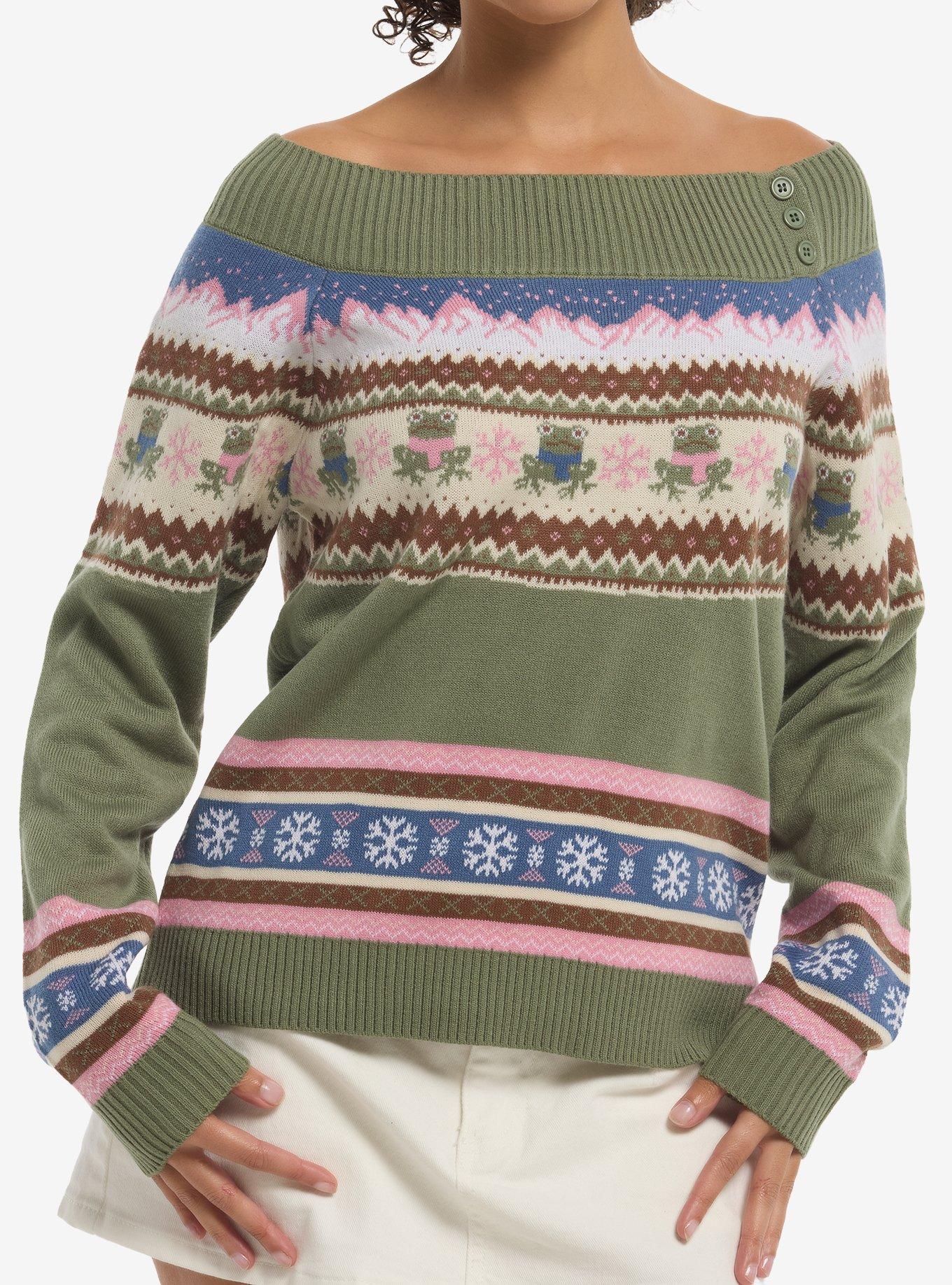 Thorn & Fable Frog Fair Isle Girls Off-Shoulder Crop Sweater