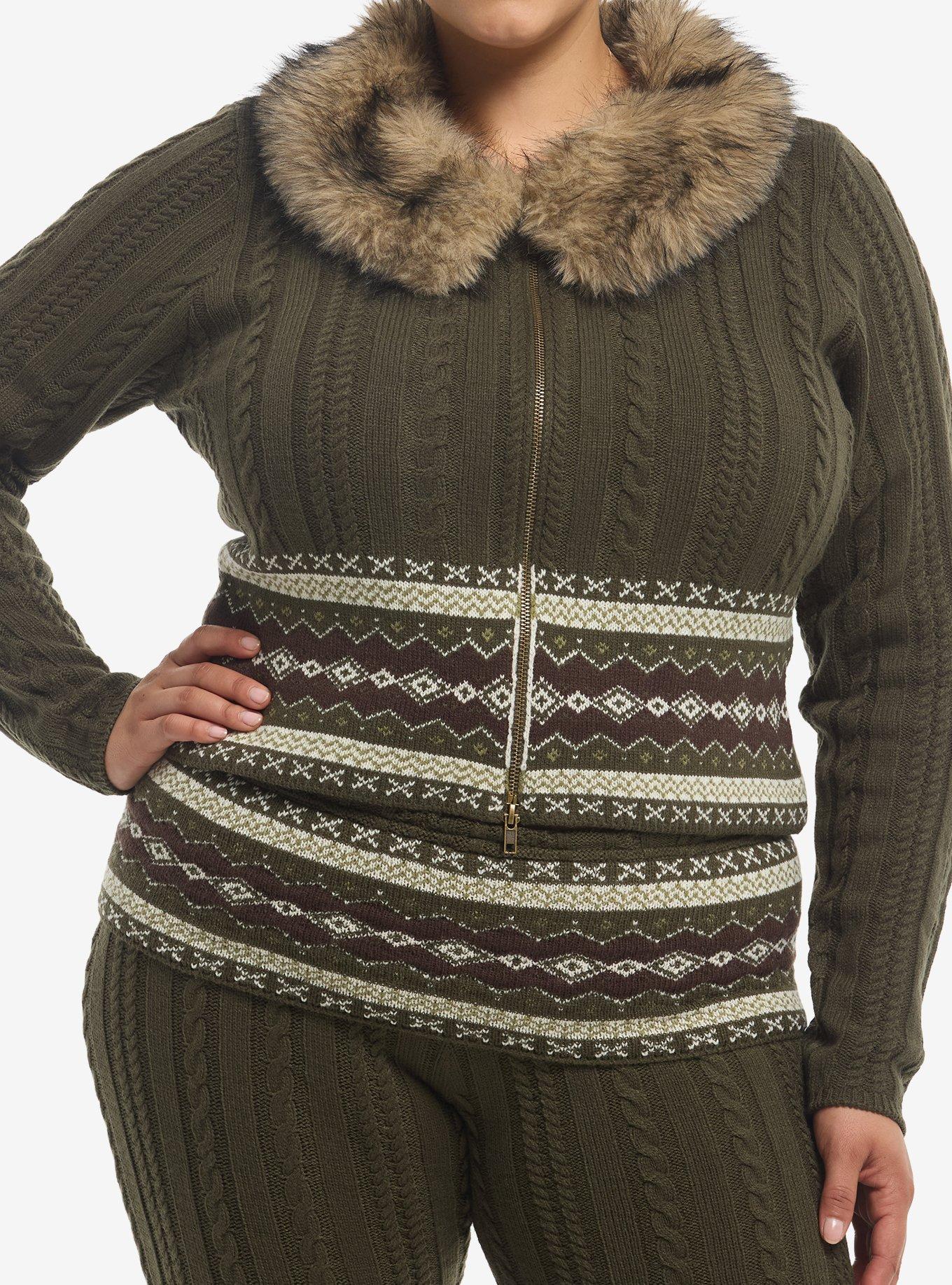 THORNANDFABLE Thorn & Fable Olive Fur Collar Girls Cable Knit Sweater Plus Size