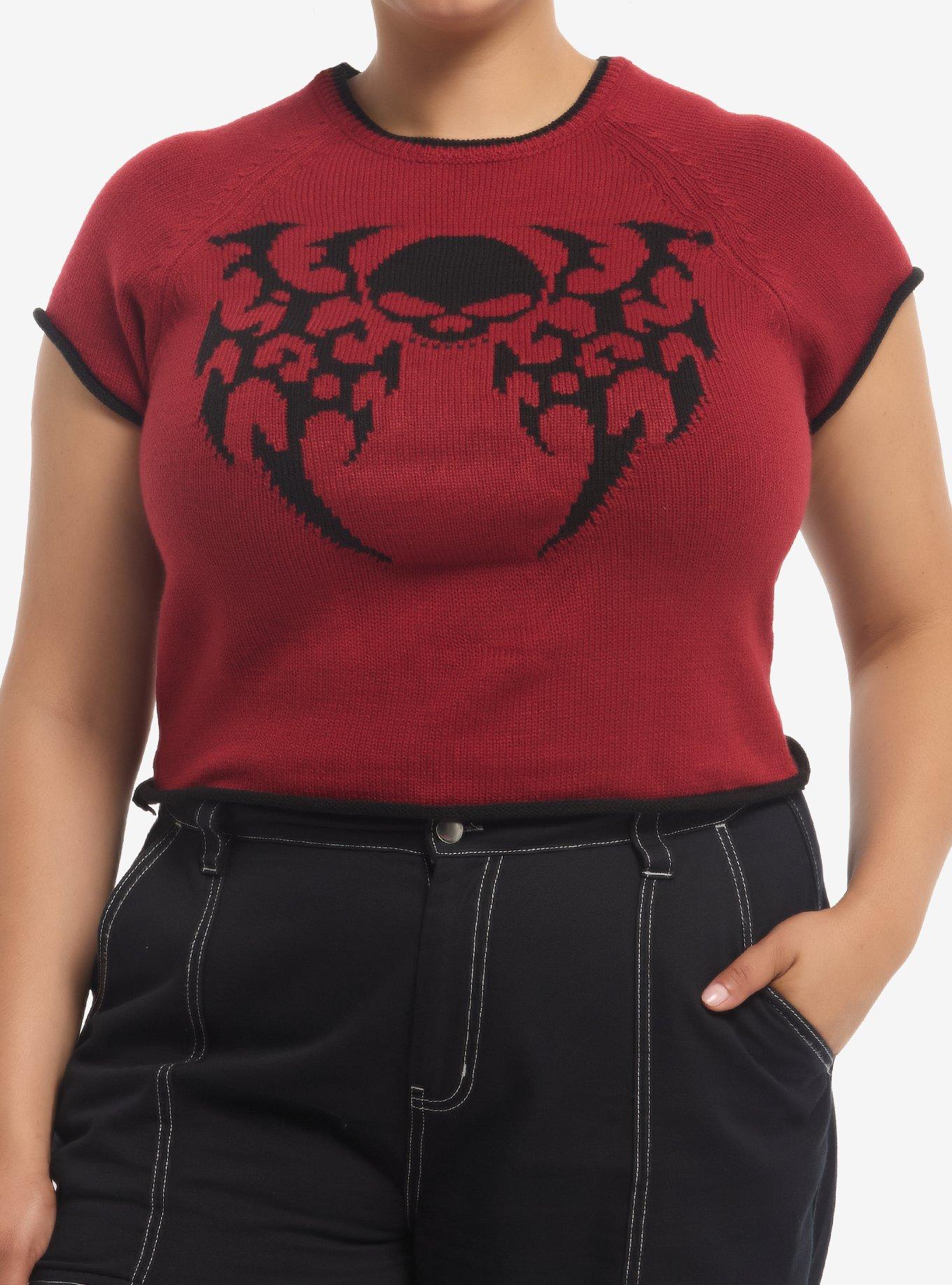 SOCIALCOLLISION Social Collision Burgundy Cyber Skull Girls Crop Sweater Plus Size
