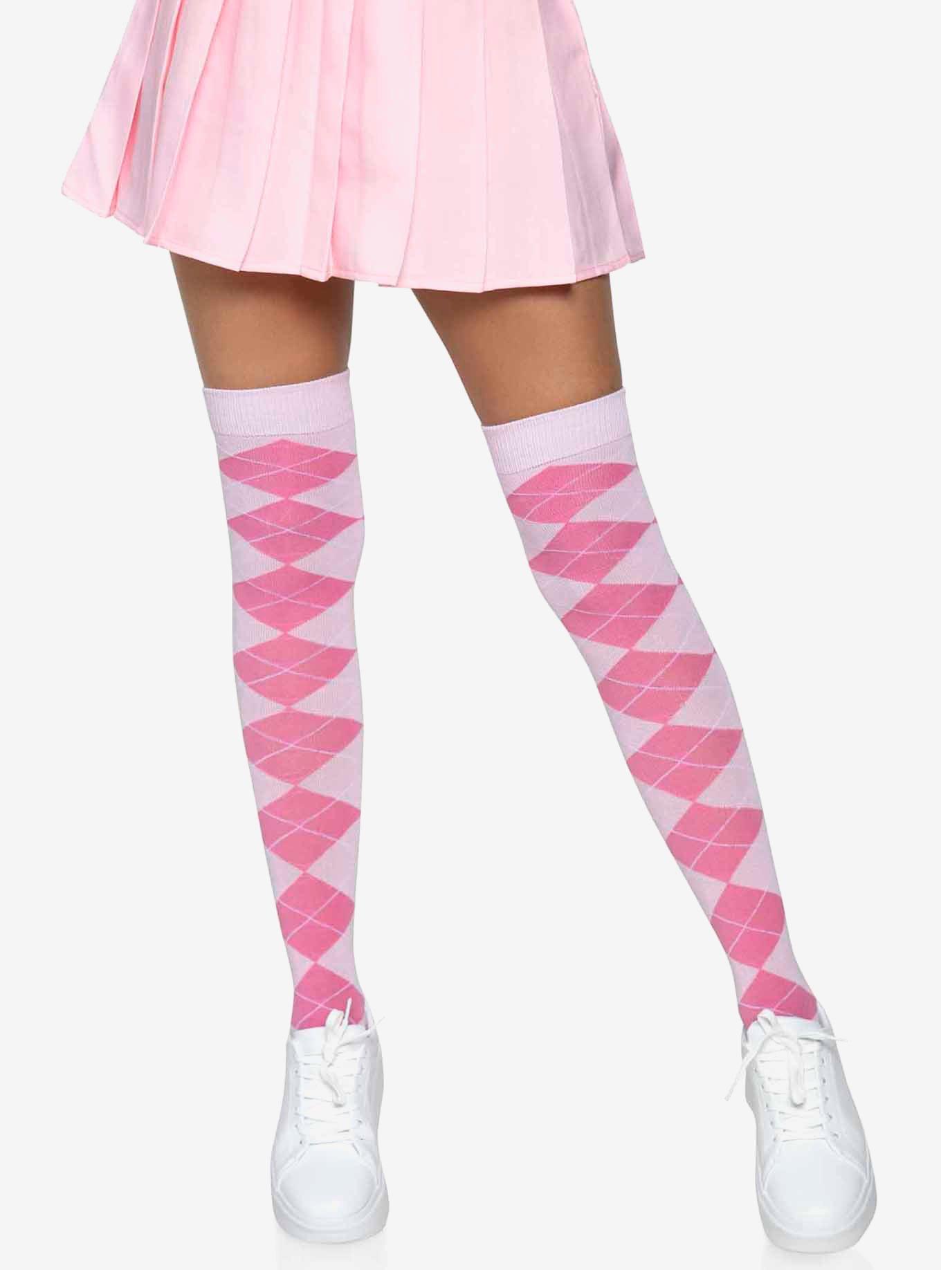 Argyle Knit Over The Knee Socks Pink, , hi-res