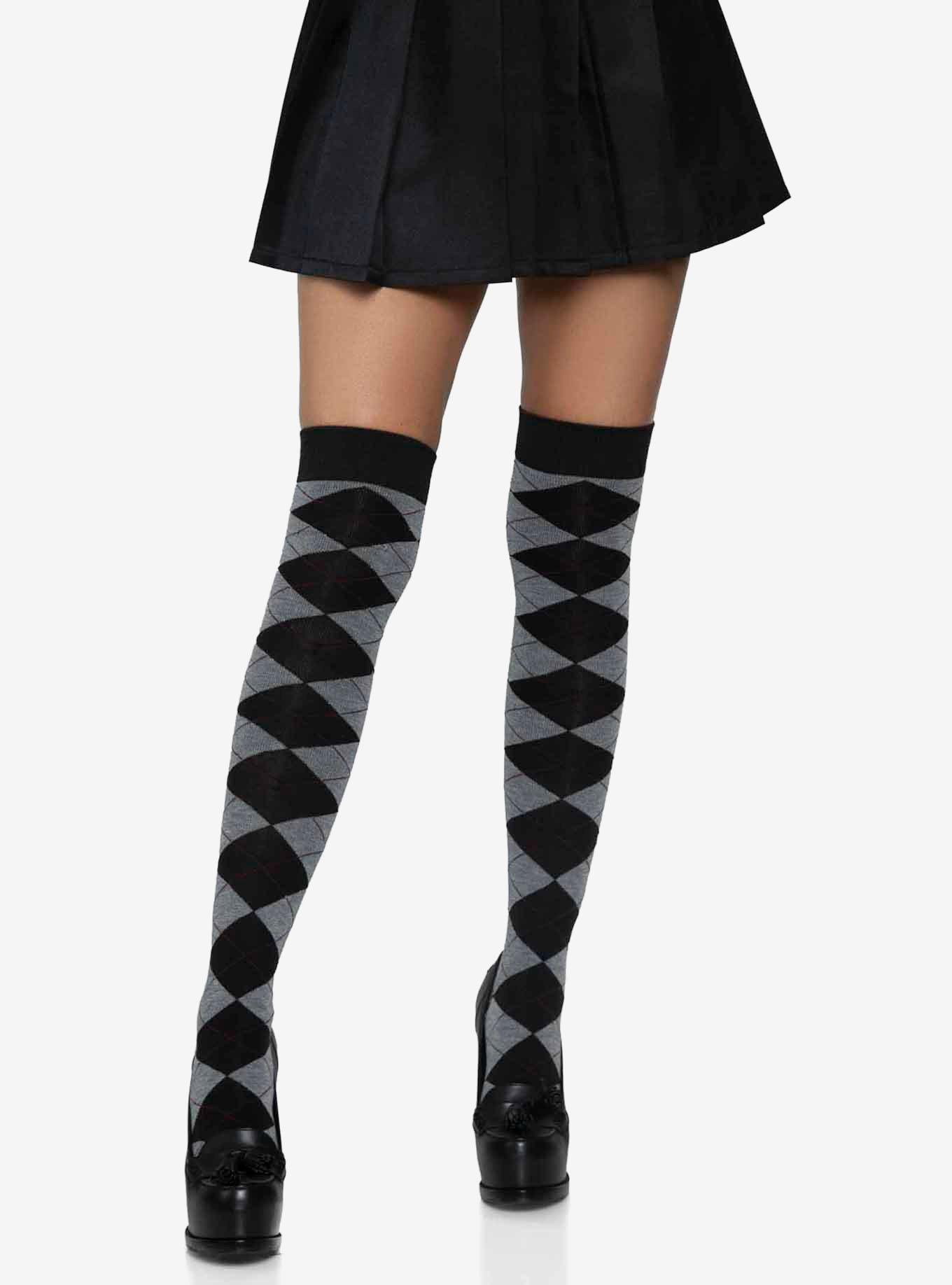 Argyle Knit Over The Knee Socks Black, , hi-res