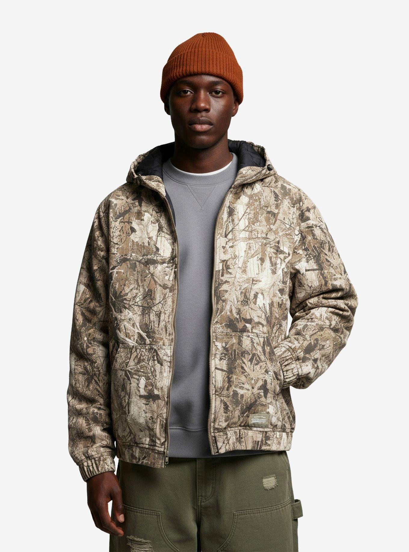 Quilt Lined Hooded Canvas Jacket Brown Tree Bark Camo, , hi-res