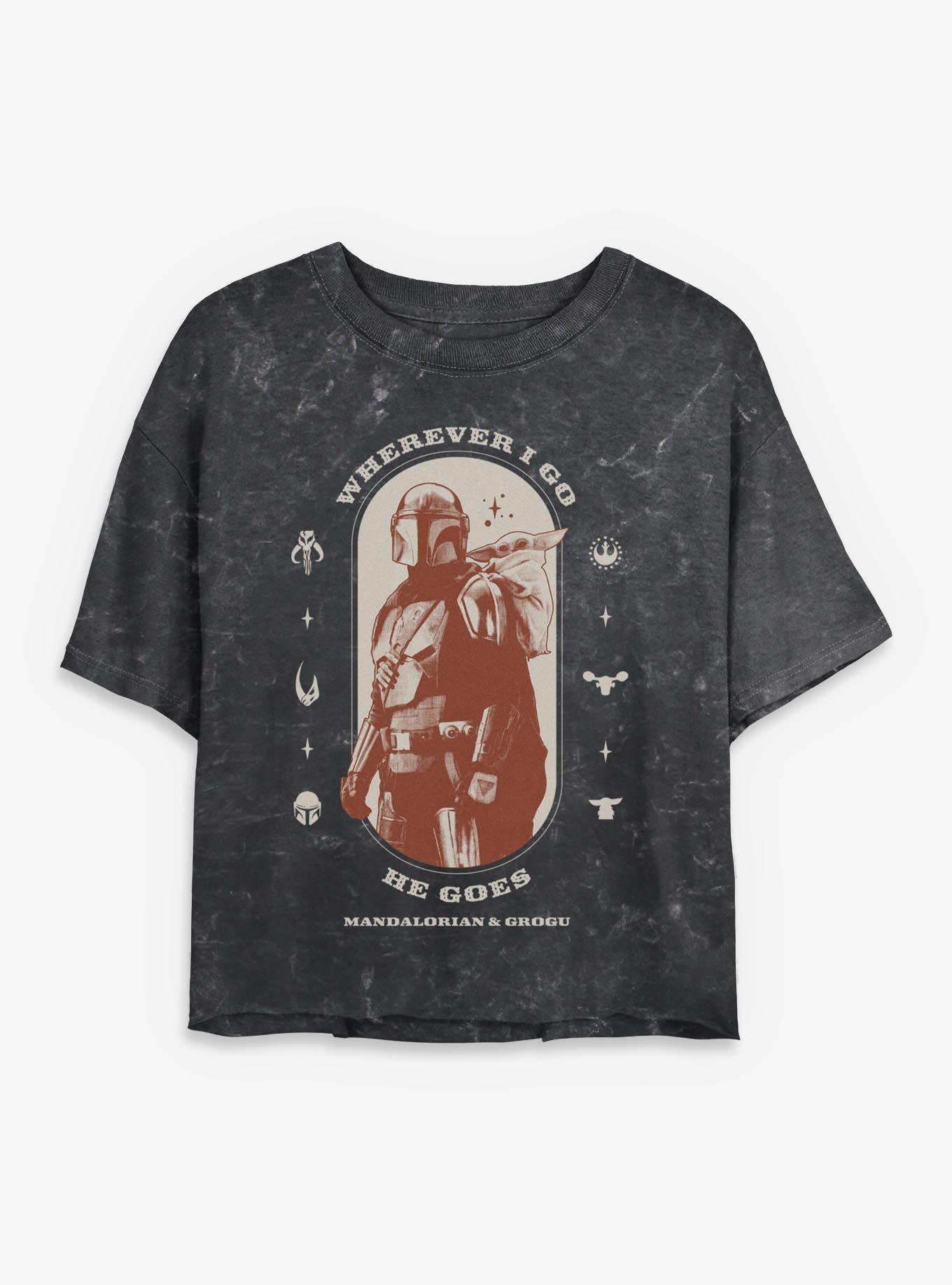 Star Wars The Mandalorian & Grogu I Go He Goes Girls Mineral Wash Crop T-Shirt, BLACK, hi-res view 1