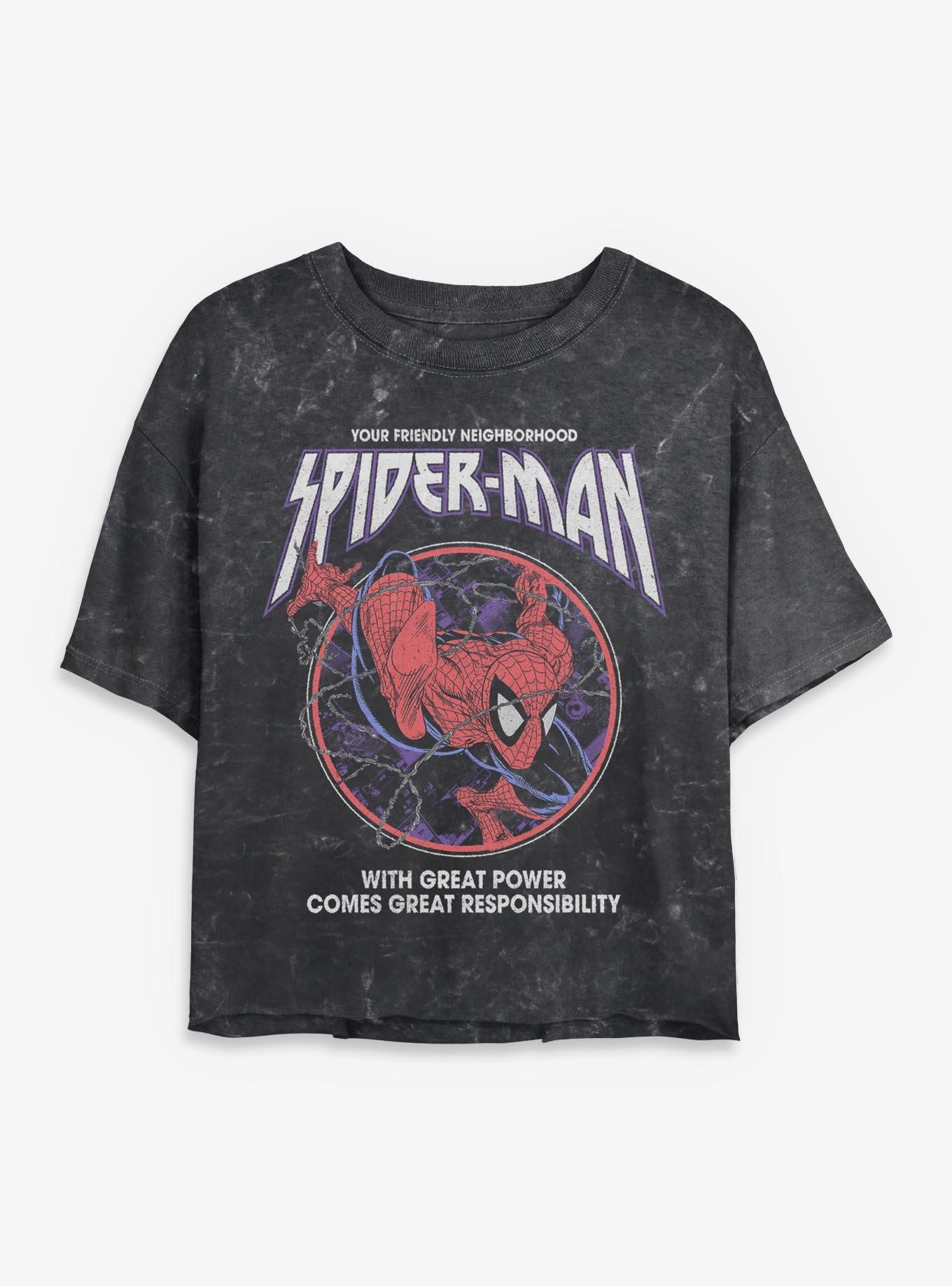 Marvel Spider-Man Your Friendly Neighborhood Girls Mineral Wash Crop T-Shirt Hot Topic Exclusive, , hi-res