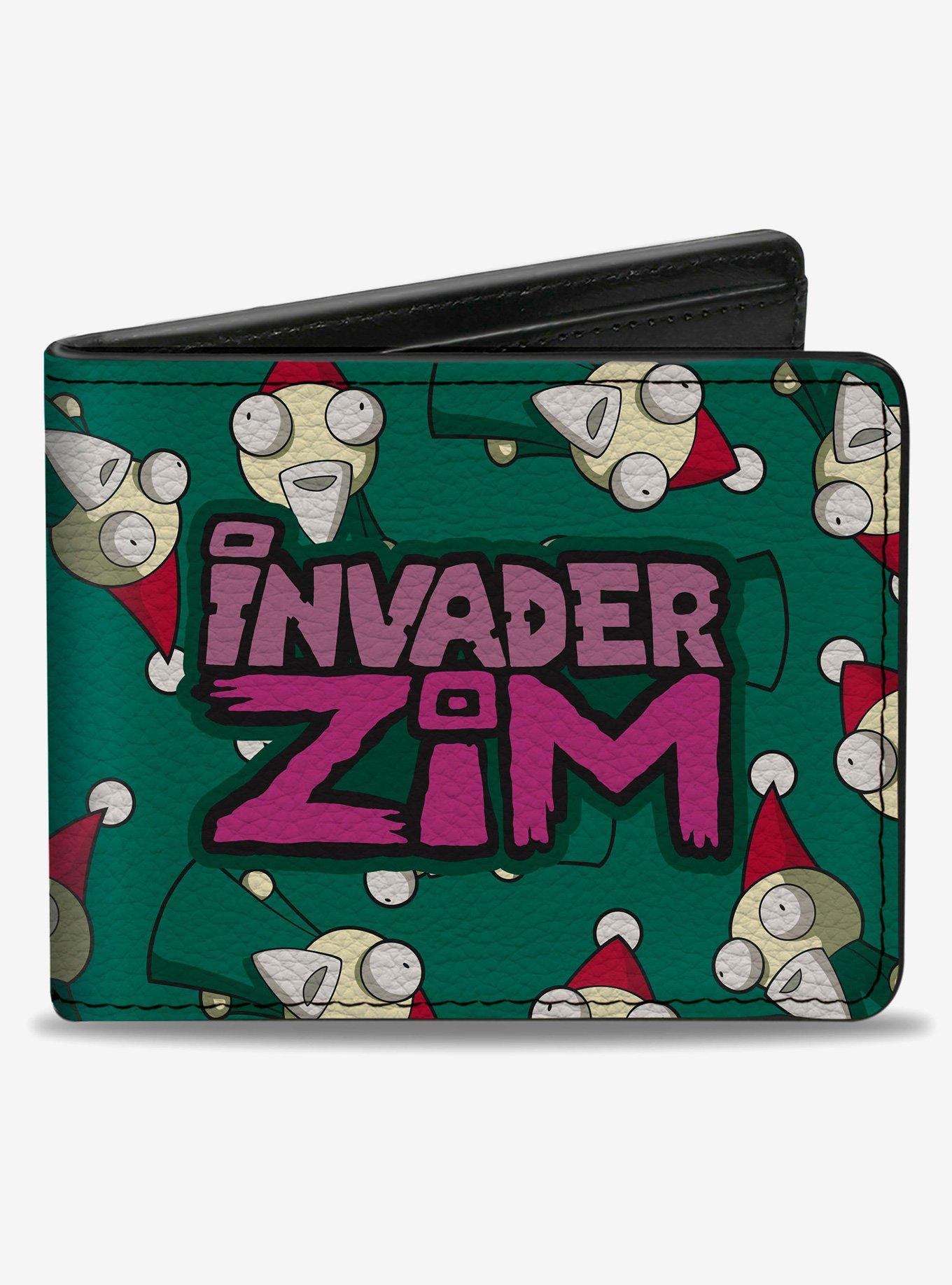 Invader Zim Lawn Gnome Scattered and Title Logo Green Bifold Wallet