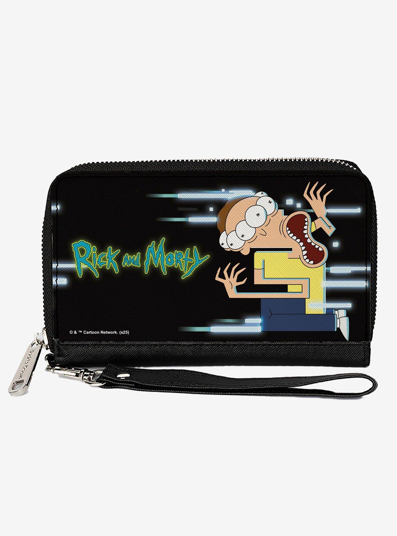 Rick and Morty Full Body Glitch Pose and Title Logo Black Zip Around Wallet, , hi-res