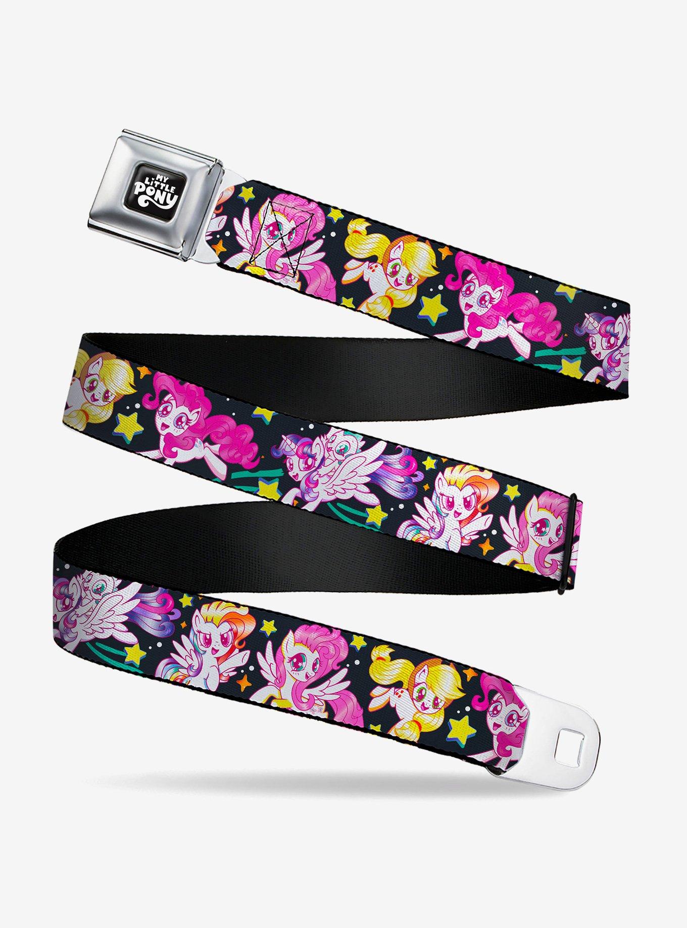 My Little Pony Five Retro Pony Action Pose Black Multi Youth Seatbelt Buckle Belt