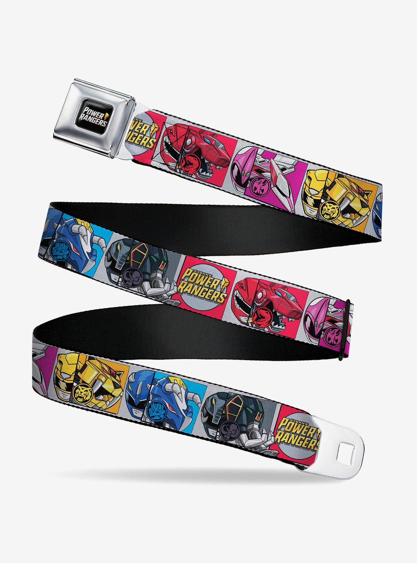 Mighty Morphin Power Rangers Zord and Icon Blocks and Title Logo Youth Seatbelt Buckle Belt