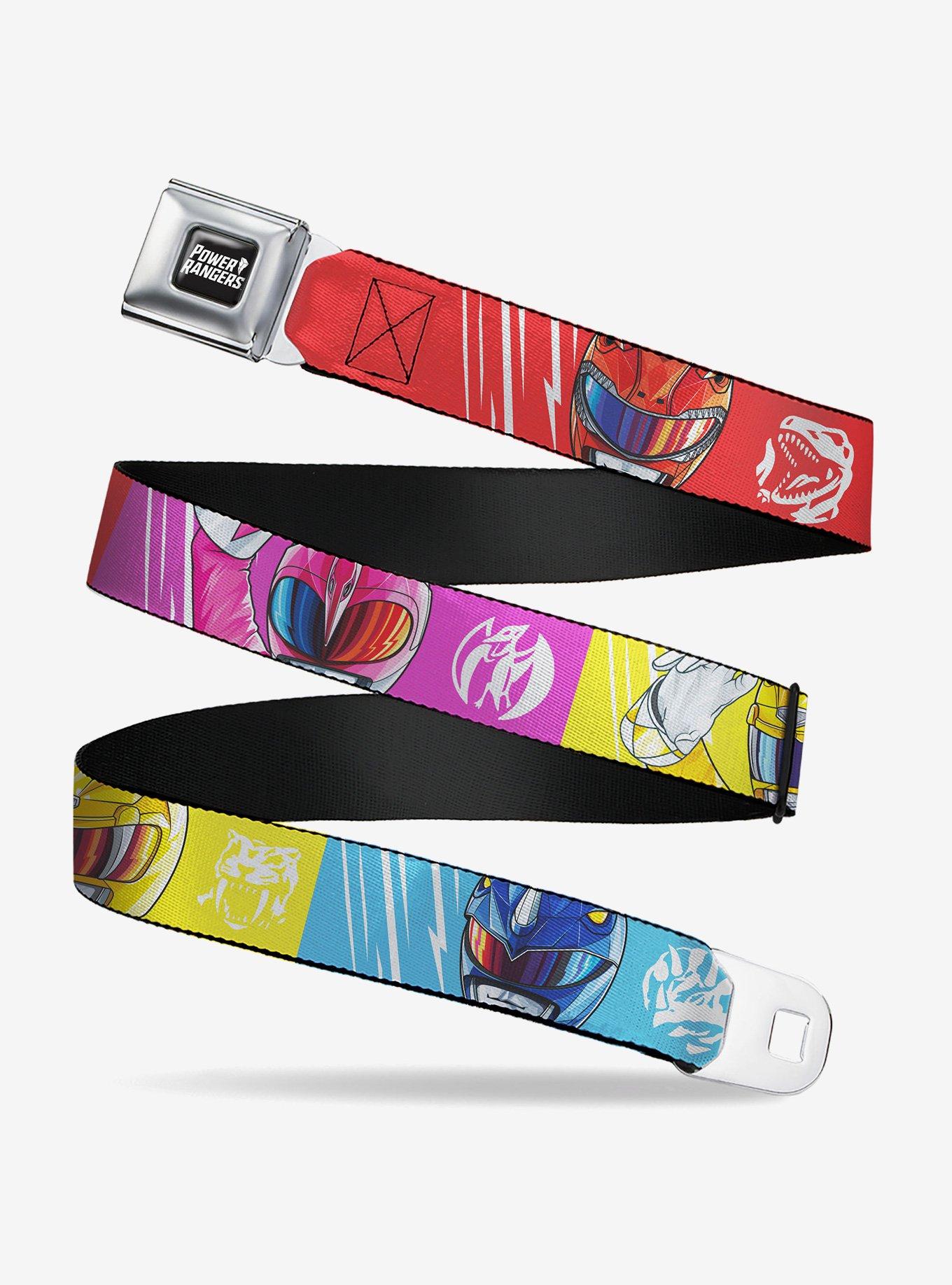Mighty Morphin Power Rangers Face and Power Icon Blocks Multi Youth Seatbelt Buckle Belt